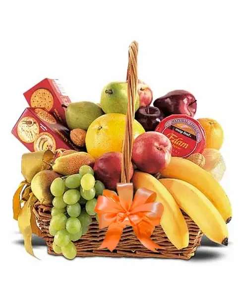 Fruit basket with bananas, grapes, apples, pears, and crackers