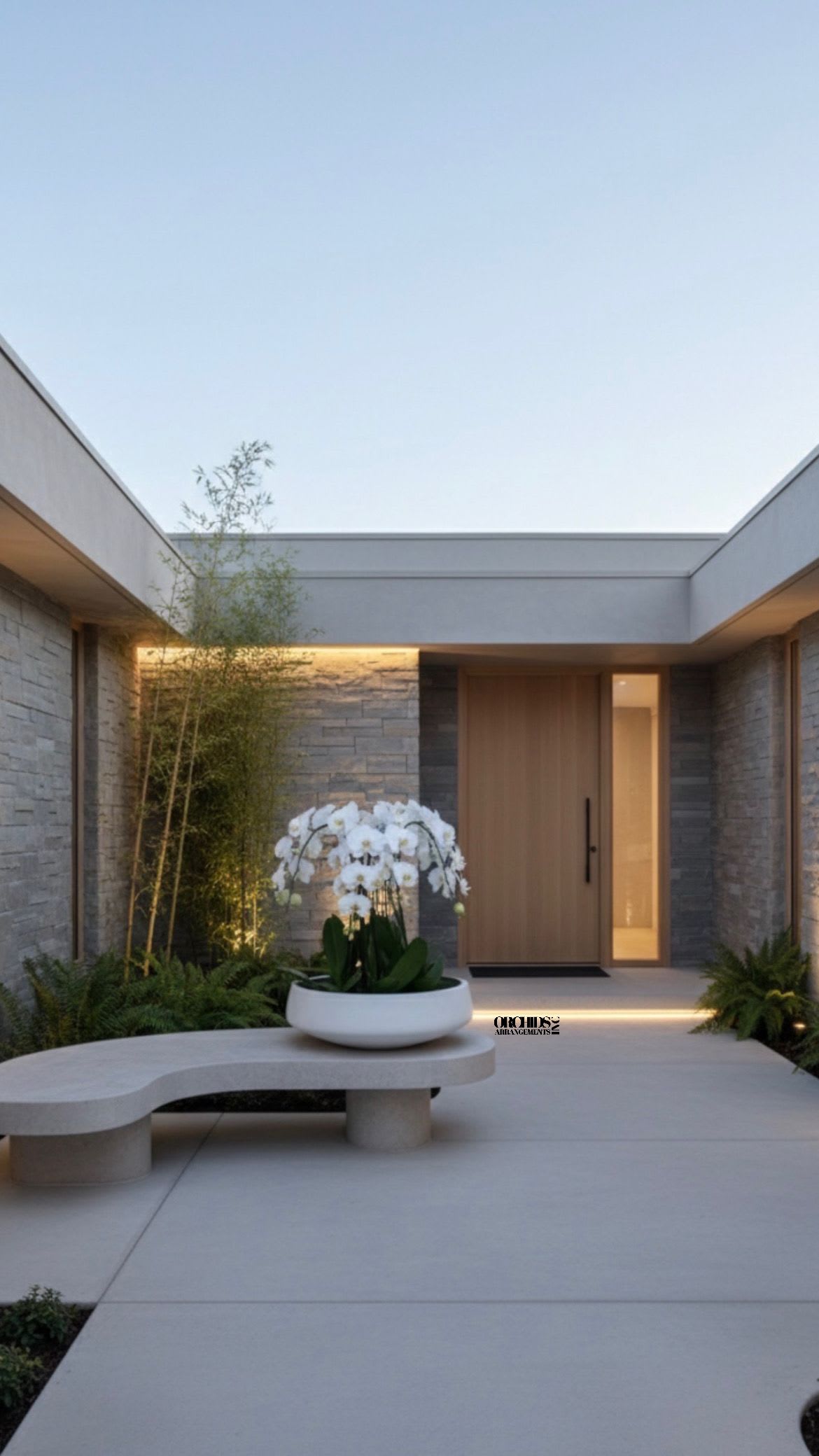 White orchids in a low white planter outside a modern home