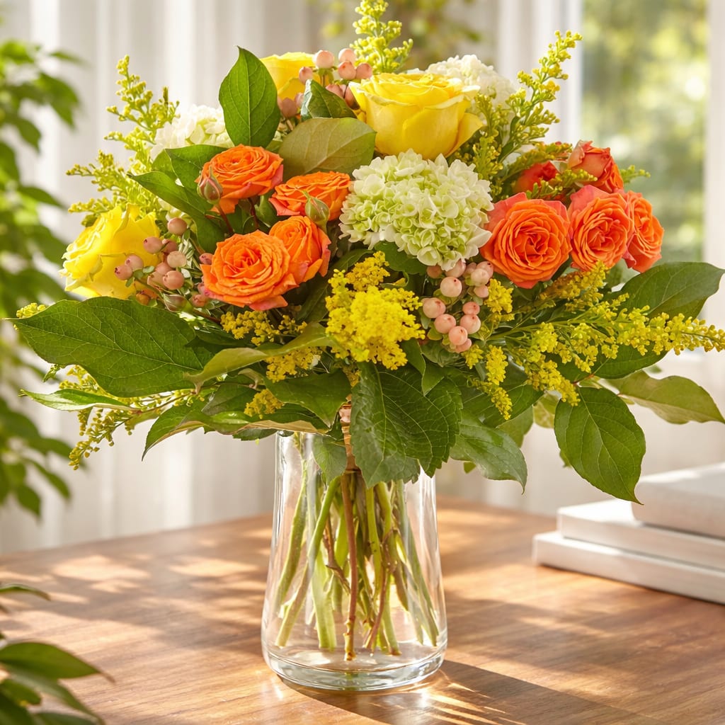 Garden of Great Joy - This stunning grand bouquet of the garden filled with roses, spray roses, hydrangeas,  hypericum, solidago, and mixed greens will surely bring great joy to the receiver.  It is an all around arrangement that is approx 24" x 21"