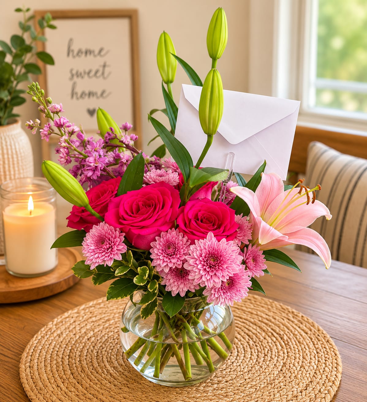 You Blushing - Bright pink roses and stargazer lilies come together with purple pompoms and greenery. Styled in a clear vase, this arrangement would impress anybody.    APPROXIMATE DIMENSIONS 22" W X 24" H