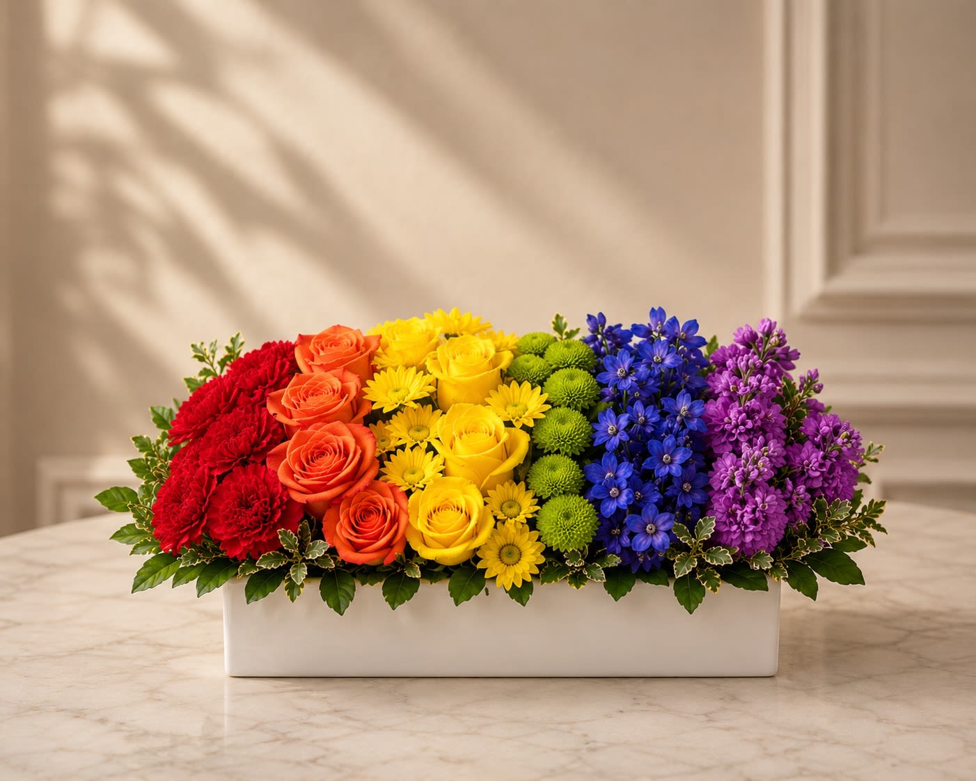 Pride in Bloom - Celebrate love, unity, and self-expression with Spectrum of Love™, a vibrant floral arrangement inspired by the colors of Pride. Designed in a sleek white ceramic vase, this eye-catching arrangement features a beautiful spectrum of premium blooms arranged in harmonious color blocks that symbolize diversity, acceptance, and the beauty of being authentically yourself.  Bright red carnations, vibrant orange roses, sunny yellow roses and daisies, cheerful green button chrysanthemums, rich blue delphinium, and elegant purple blooms come together to create a joyful display that makes a meaningful statement. Whether you’re celebrating Pride Month, supporting a loved one, commemorating a special occasion, or simply spreading a message of love and inclusion, this arrangement delivers beauty with purpose.  Handcrafted by our designers using the freshest flowers available, Spectrum of Love™ is a celebration of every color, every story, and every journey. Flower varieties may vary slightly based on seasonal availability while maintaining the overall color palette and luxurious appearance.