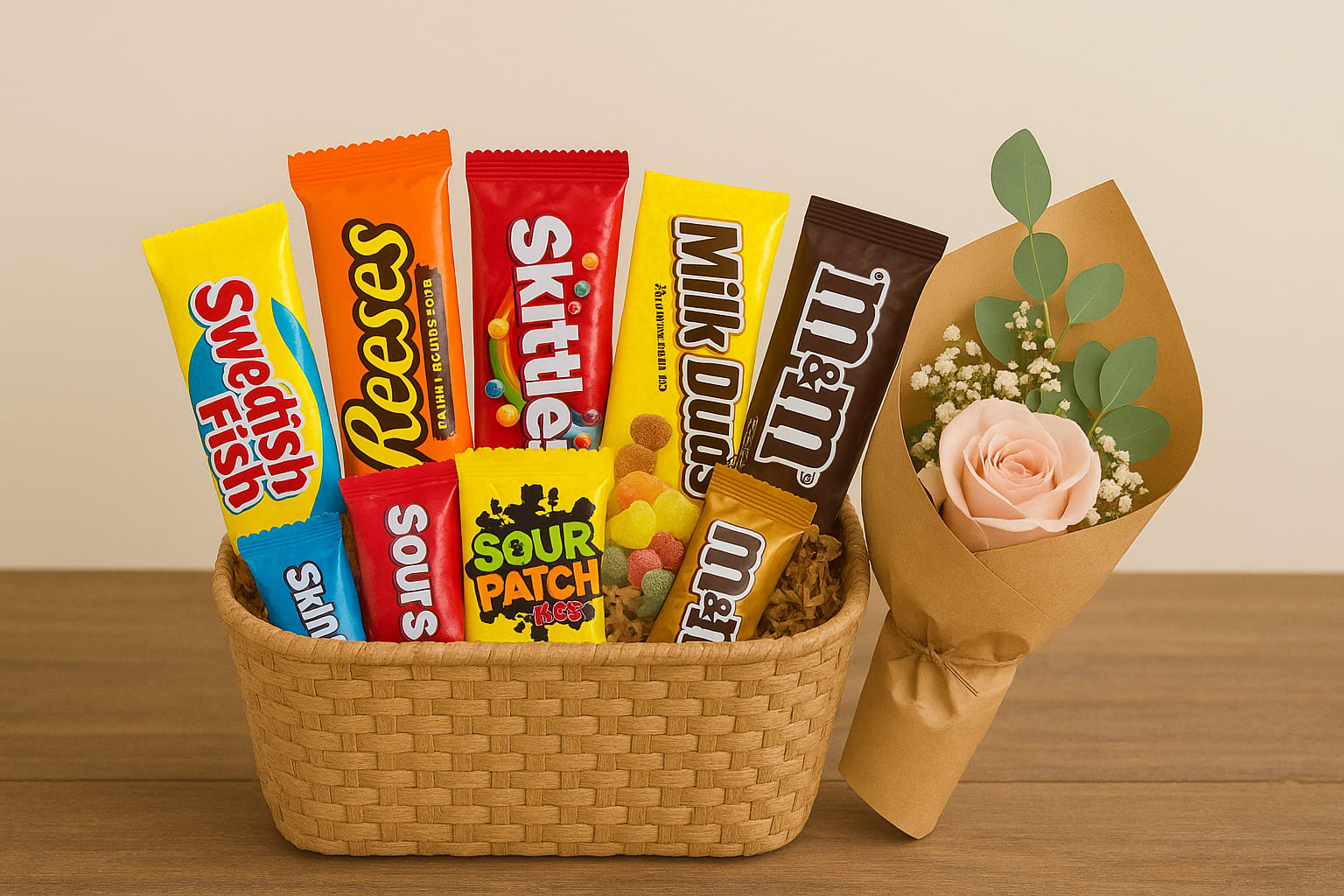 Treat Yourself Candy Basket - The Treat Yourself Candy Basket features a carefully curated assortment of sweets, offering a delightful variety of indulgent treats for any occasion. Its thoughtful presentation makes it an excellent gift idea for loved ones or a special treat for yourself.