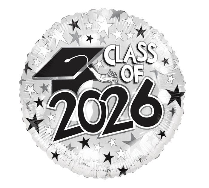 "Class of 2026" Mylar Balloon - A bold white and silver 17" foil balloon printed with "Class of 2026" and a graduation cap makes a festive finishing touch for graduation gifts and party décor. This graduation balloon is ideal for a cap-and-gown celebration, senior send-off, or gift for the proud grad - the high-contrast black lettering and star accents read clearly from across the room, so the recipient will feel celebrated the moment they walk in.  This balloon measures 17" and pairs easily with bouquets, gift baskets, or standalone party centerpieces in black, white, or school colors. Lightweight and cheerful rather than floral, it adds instant photo-ready flair to a mantle or table. Order it to top off a graduation arrangement or to send as a congratulatory pick-me-up - helium fill is recommended for floating displays; for tabletop use, add a weight to keep it in place.
