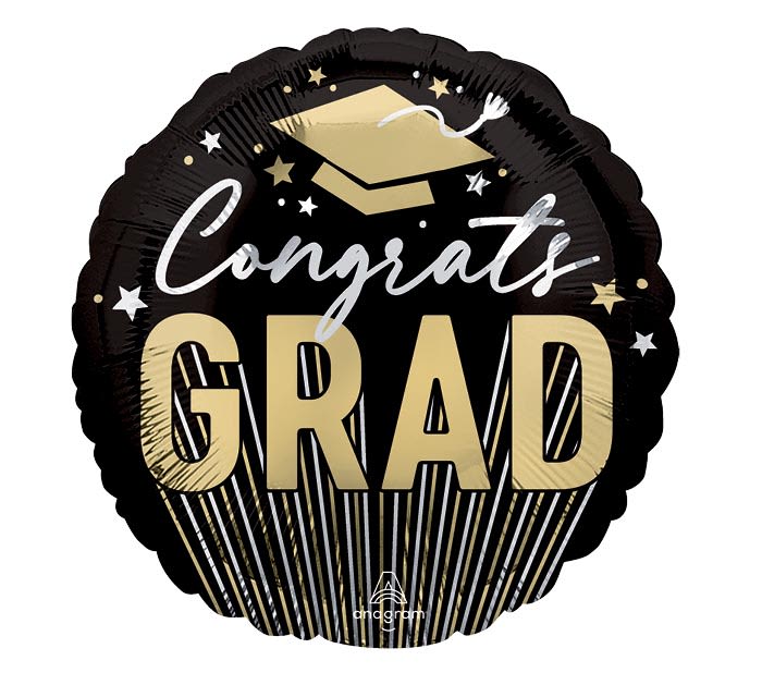 "Congrats Grad" Mylar Stripes Balloon - A bold, celebratory round foil balloon that makes graduation feel official - the perfect accent for a graduation bouquet or table display. This 17" Congrats Grad Stripes on Stripes Balloon brings a high-contrast, festive look to graduation gifting and party décor with its black background, bold gold graduation cap graphic, scattered stars, and "Congrats Grad" in gold and white lettering.  Lightweight and eye-catching, the foil balloon measures 17 inches and pairs easily with floral arrangements, gift baskets, or as a standalone party pick. Its playful academic design adds instant cheer for the new grad and reads well from across a room - a simple, celebratory way to say "congratulations" that will make your recipient feel recognized and celebrated.