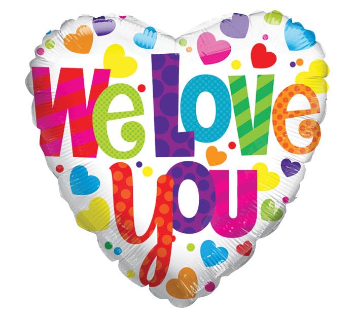 "We Love You" Mylar Balloon - A cheerful heart-shaped foil balloon printed with "We love you" makes a playful, affectionate gift for birthdays, anniversaries, or just because. This mixed-color balloon-bright white background sprinkled with pinks, purples, blues, yellows, oranges, reds and greens-reads as an upbeat token of love that pairs nicely with flowers or stands beautifully on its own for everyday celebrations.  This 17" foil heart features large multicolored lettering and scattered heart and dot motifs for a festive, celebratory look. Lightweight and easy to display, it's ideal for surprising someone at home, decorating a party space, or tucking into a bouquet as a loving accent.  Perfect for anyone you want to make feel cherished, this balloon sends a clear, joyful message: you're loved. Order for same‑day delivery when available; if combining with fresh flowers, our team will securely attach and prepare the balloon for safe transport.