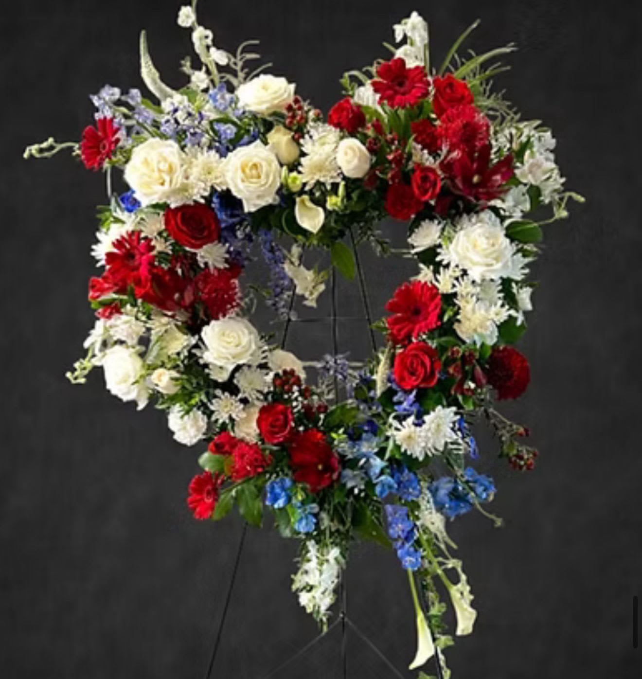 RED WHITE &amp; BLUE HEART WREATH EASEL  - A tribute for your remembered beloved