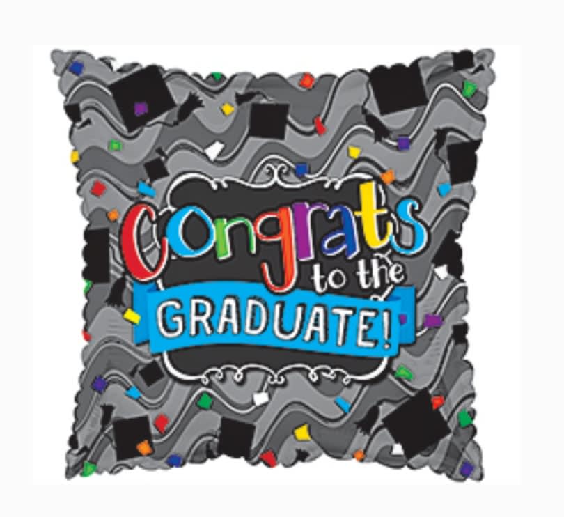 Black &amp; Grey Congrats to the Graduate Mylar - A standard sized square mylar that's grey with black cap decorations and reads "Congrats to the Graduate" in colorful letters