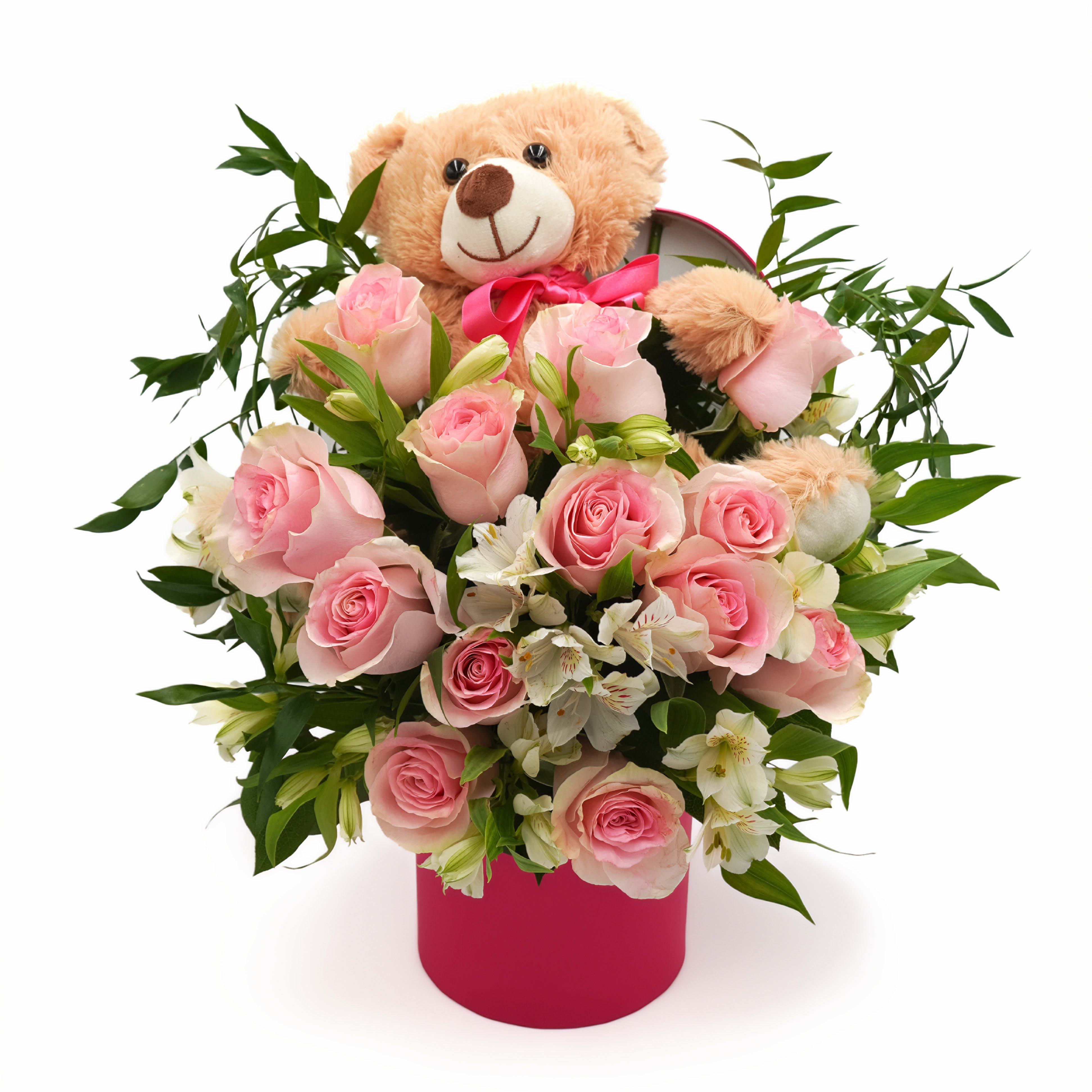 Pink Roses and Bear  - One Dozen Pink Roses with a Bear 