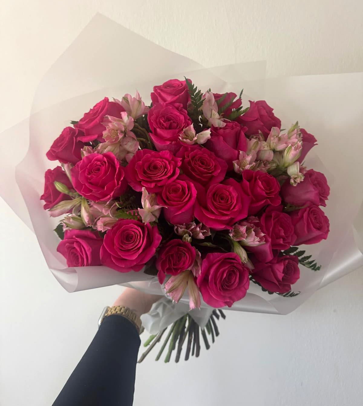 Girls Favorite bouquet-  Fragrant pink roses with alstroemerias. - 2 dozen fragrant hot pink roses with alstroemeria. 
