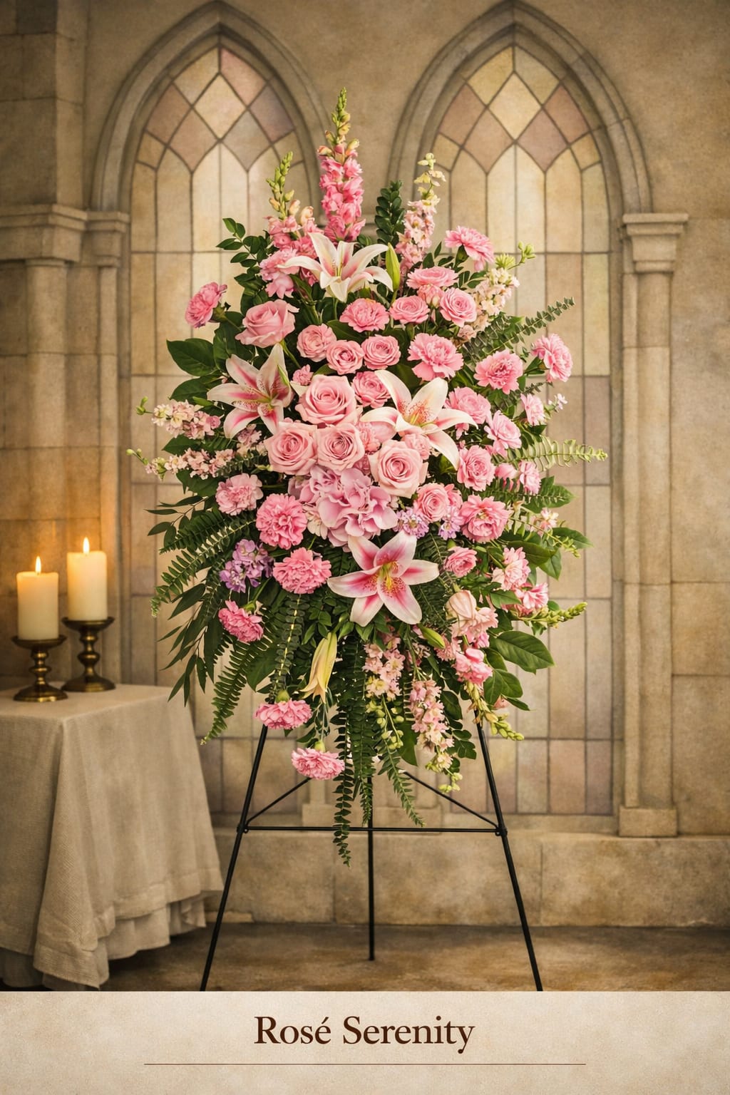 Blushing Tribute - A full, oval composition of pink roses, lilies, carnations, and snapdragons, Blushing Tribute expresses affection and remembrance through gentle color harmony. The blooms unfold in layers of blush and rose tones, symbolizing love, compassion, and serenity. Lush greenery and ferns add natural depth, creating a balanced design that feels both comforting and elegant — a floral reflection of warmth and grace.