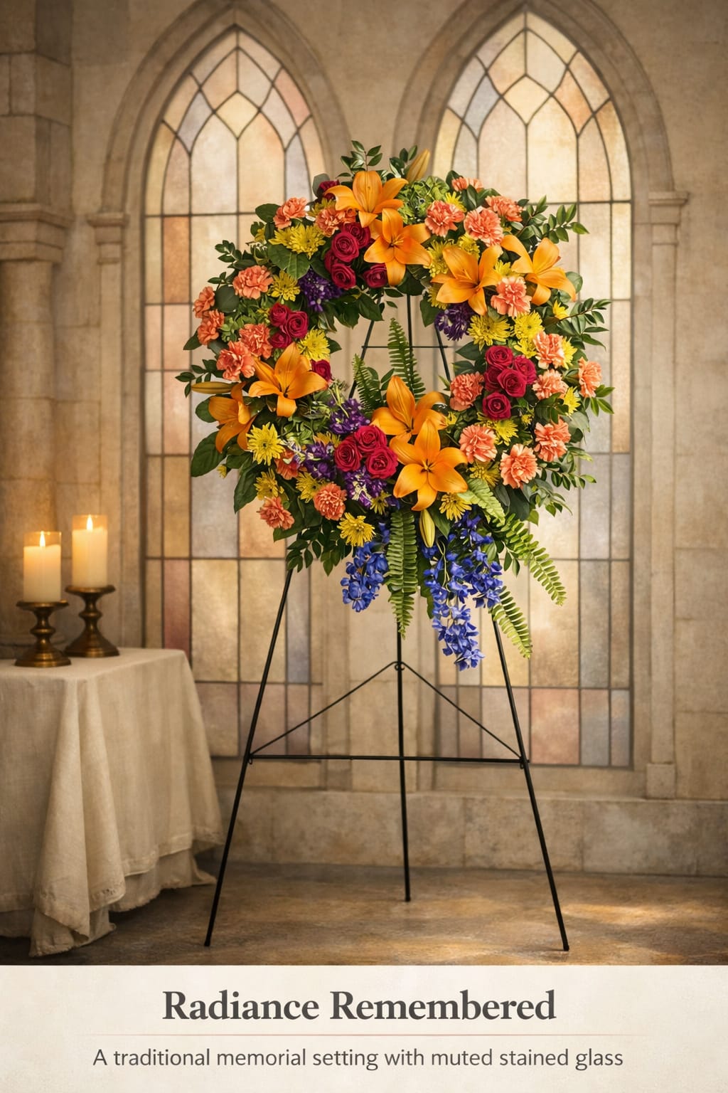 Radianc Remembered - A lush, full‑circle tribute overflowing with color and life, Éclat du Jardin blends sunset‑toned lilies, velvety roses, soft peach carnations, golden mums, and cool violet accents. The palette moves in a gentle gradient, creating a sense of warmth, movement, and natural harmony. Cascading blue blooms and fern fronds add a graceful downward sweep, giving the wreath a touch of softness and poetic flow. Designed to honor a life with beauty, joy, and vibrancy, it feels both uplifting and deeply heartfelt.