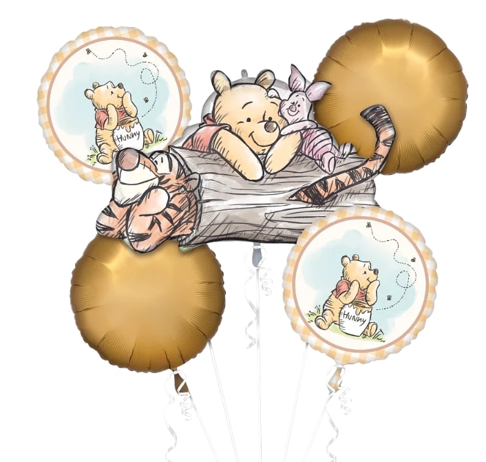 Winnie The Pooh Balloon Bouquet - Winnie The Pooh Balloon Bouquet includes 1- 31in character mylar balloon 2- 18in Charter mylar balloons 2- 18in gold round balloons all tied to a festive weight Add a stuffed animal, box of chocolates, or mug 