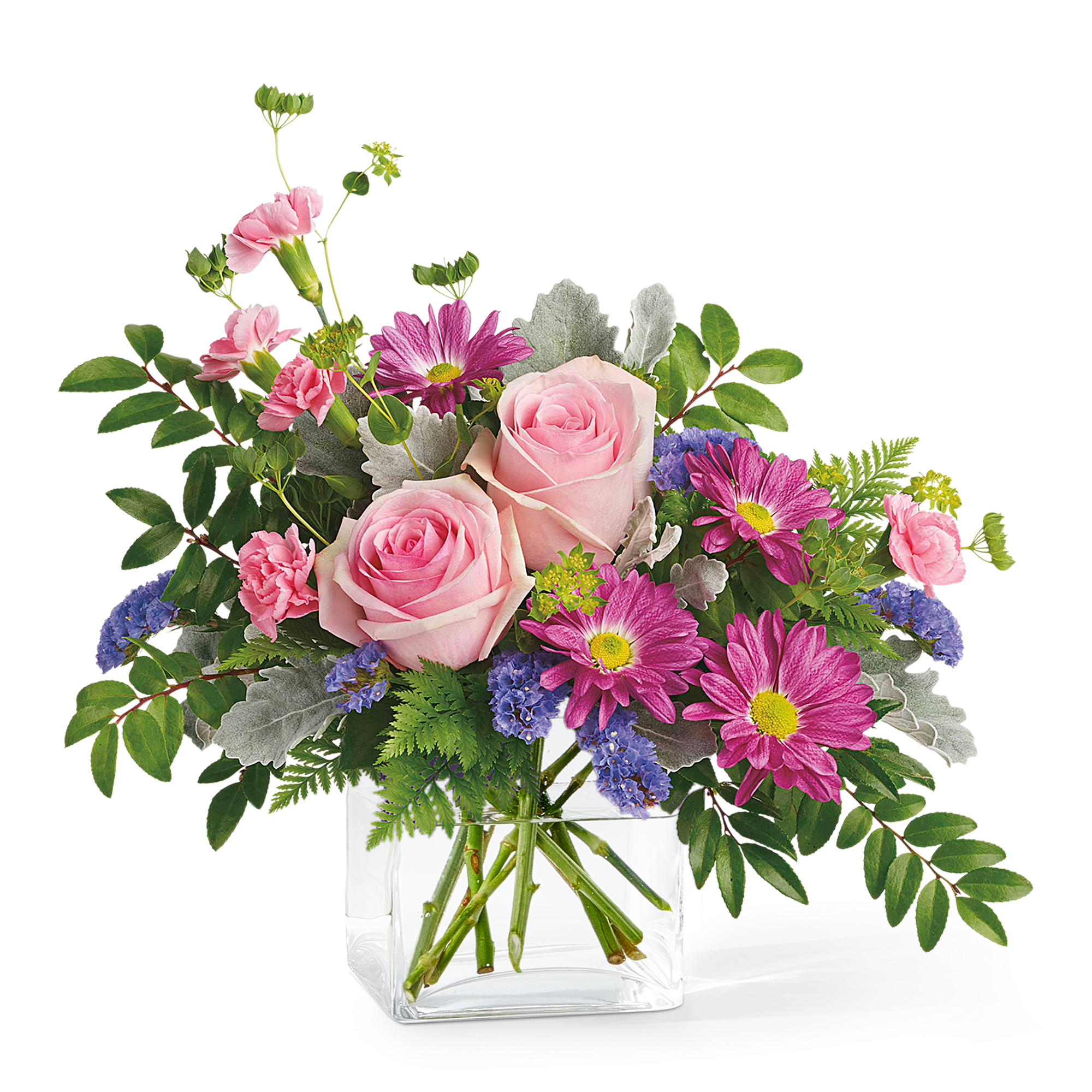 Starlet Bouquet - A cheerful blend of pink roses, soft carnations, purple daisies, and delicate blue blooms accented with fresh greenery. Bright, sweet, and full of charm—perfect for celebrating life’s moments or adding a touch of joy to any space.