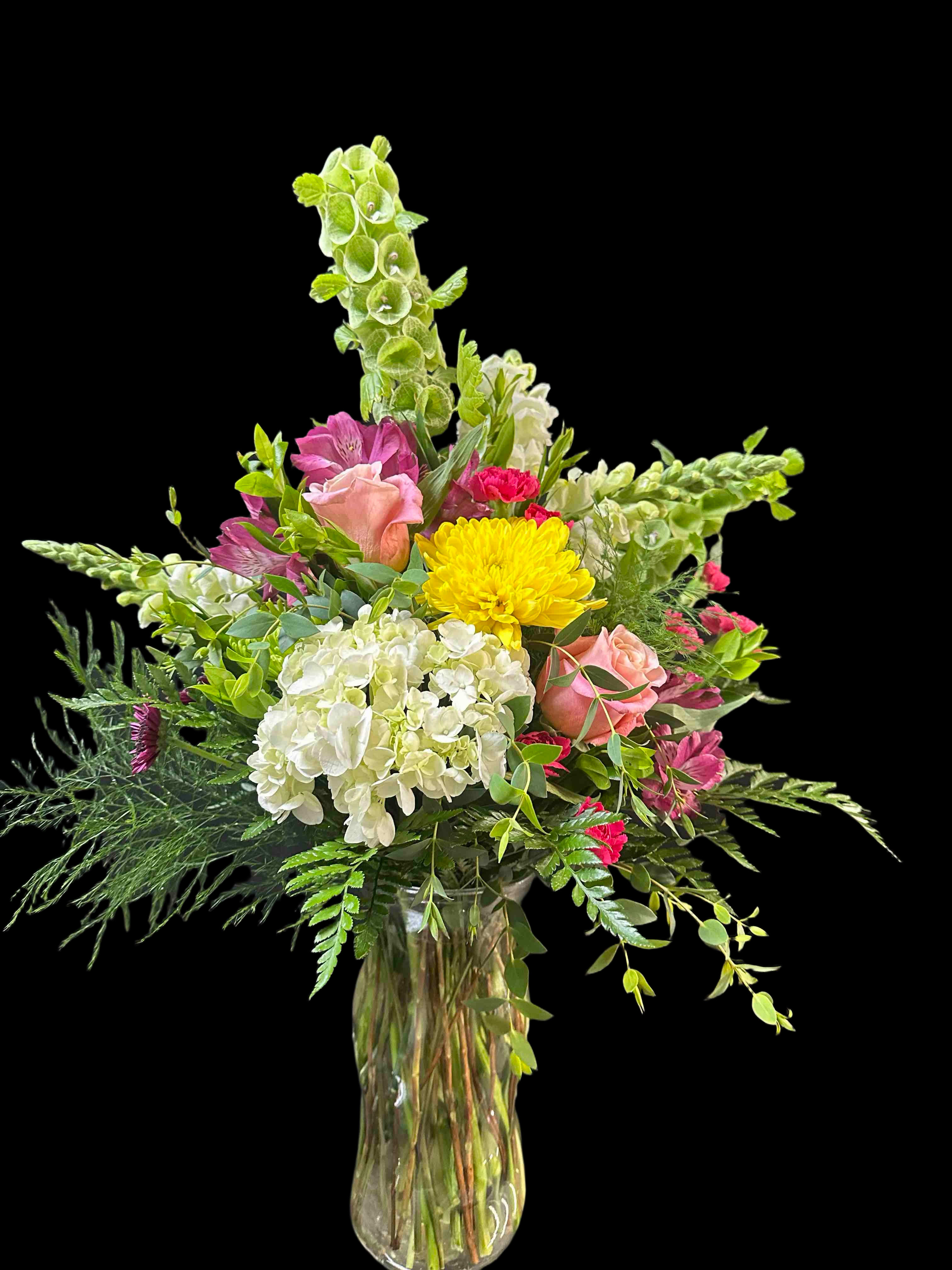 Garden Party Bouquet - Full garden-style bouquet in a clear glass vase: hydrangeas, roses, snapdragons, mums &amp; airy greenery.
