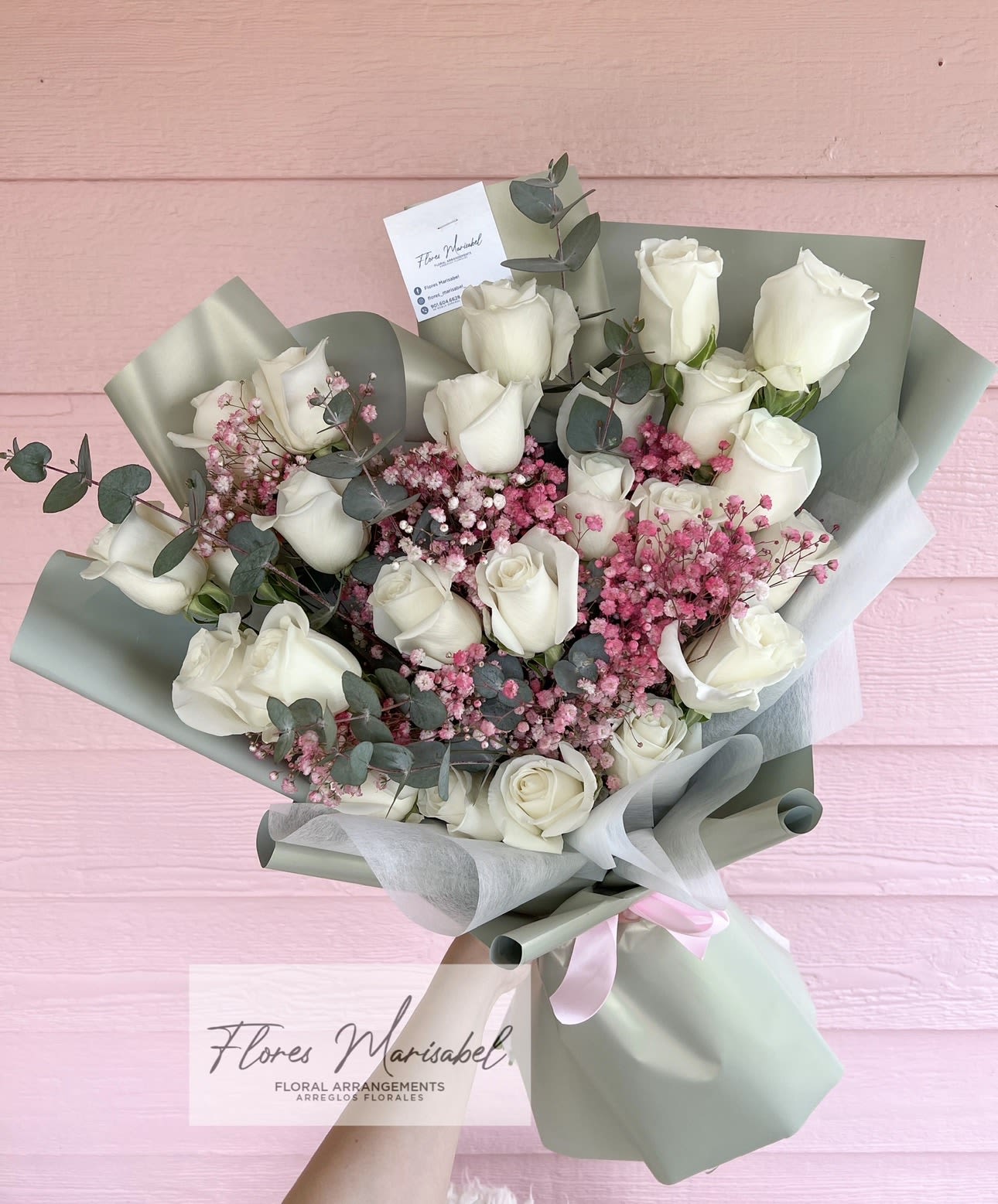 Sage bouquet  - 24 white roses with filler and sage paper 