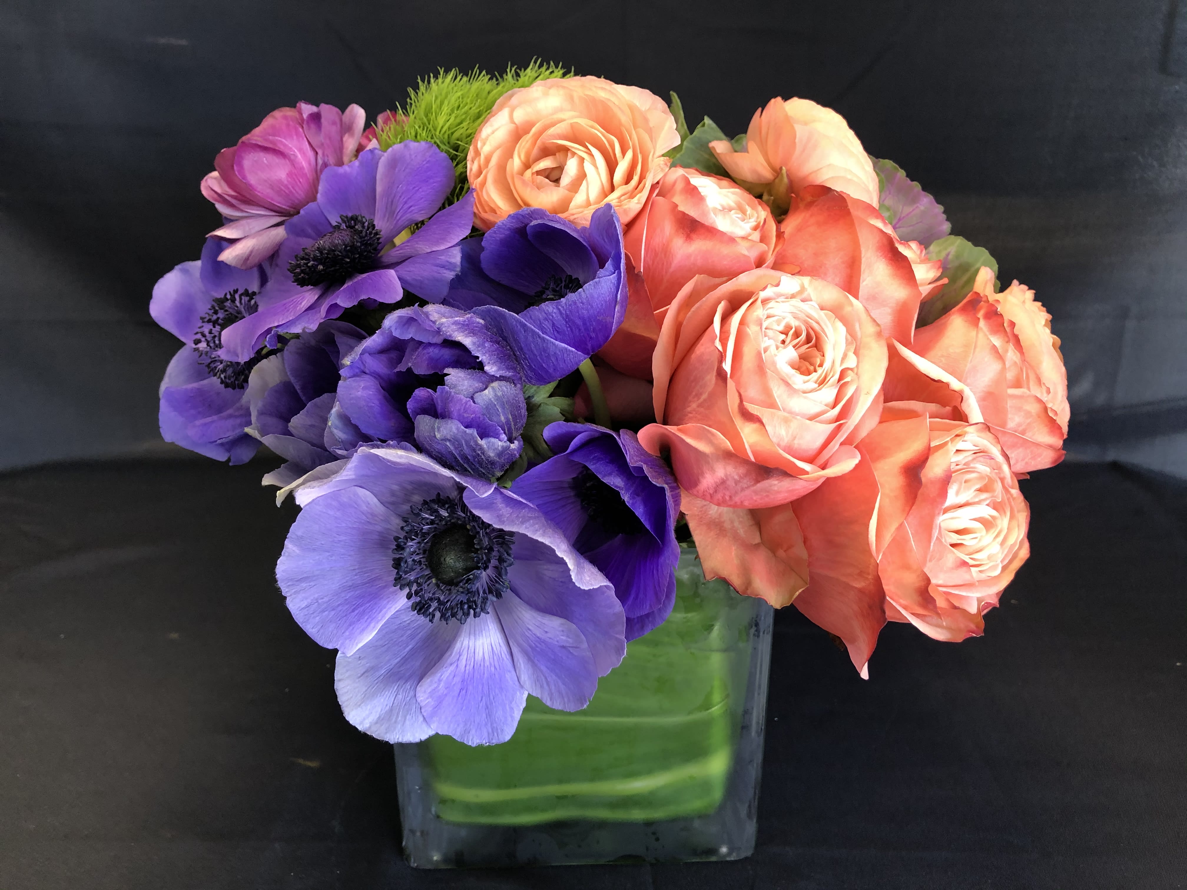 Bright and Beautiful!  - ***Color of Anemone will vary!**** We will use, pink, blue, purple or white.  This is our design of the month! We are offering FREE delivery to any school in our delivery area! (Email me for code; info@mercedesflowers.com) Let’s celebrate educators!  This stunning design comes with beautiful anemones, roses, ranunculus, kale and hydrangea. The color of the anemones may vary.  When you order online you will receive several emails until order has been completed and delivered by the designer who put it together.  We are more than just flower; we are an experience you will love. This is designed in a 5 x 5 cube good for a desk, side table, night stand and cocktail table.
