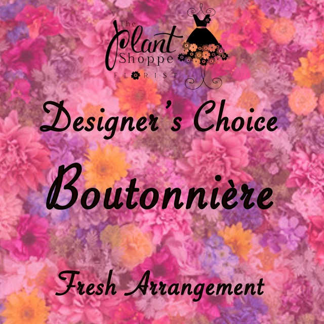 Pink floral background with text advertising designer's choice boutonniere