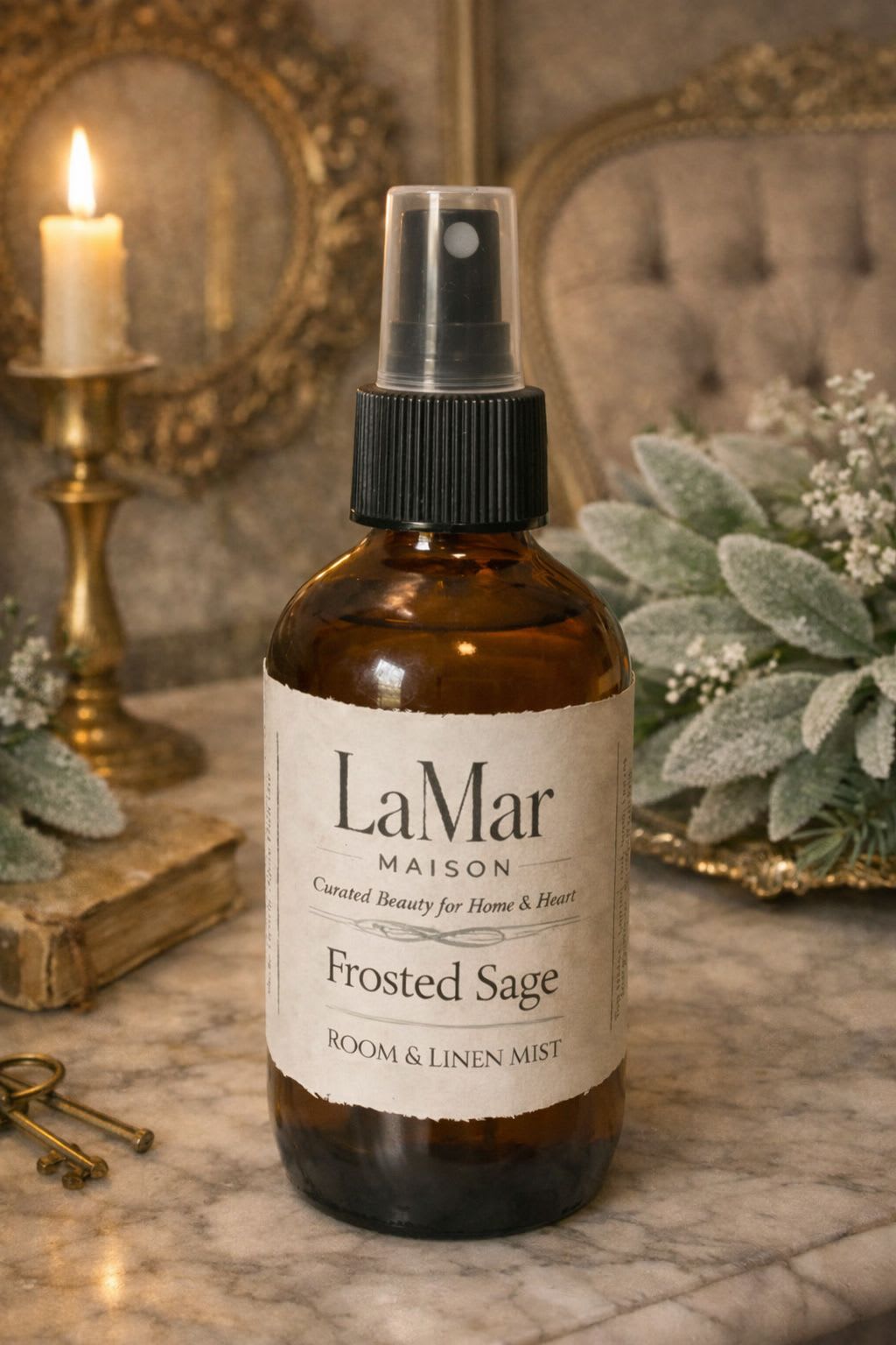 Frosted Sage Room Fragrance Mist - Frosted Sage opens with a cool, crystalline freshness — the quiet stillness of winter air settling over soft evergreens. Sage leaves, dusted in frost, release a clean herbal clarity that feels both calming and invigorating. Beneath the chill, a gentle warmth emerges: pale woods, soft musk, and a whisper of winter spice that lingers like a comforting glow.  The result is a serene, modern winter scent — crisp yet soothing, airy yet grounded. Frosted Sage refreshes any space with a breath of cool tranquility and understated elegance.