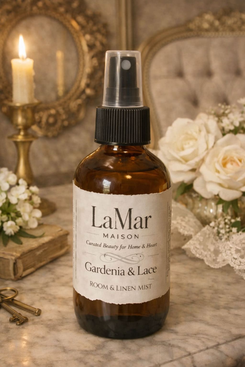 Gardenia &amp; Lace Room Fragrance Mist - Gardenia &amp; Lace drifts through the room like a whisper of vintage romance — delicate, creamy florals wrapped in soft, luminous warmth. Fresh gardenia petals bloom at the forefront, airy and velvety, while subtle notes of white musk and sheer woods create a gentle, lingering glow. A lace‑like softness weaves through the fragrance, giving it an elegant, timeless femininity.  The effect is serene, graceful, and quietly enchanting — a scent that transforms any space into a haven of soft light, fresh florals, and effortless beauty.