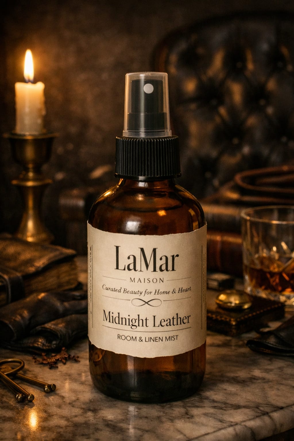 Midnight Leather Room Fragrance Mist - Midnight Leather moves through the room with a dark, refined warmth — the quiet allure of worn leather, glowing amber, and the soft drift of tobacco leaf suspended in the air. Bergamot and clove spark the opening, adding a clean, confident edge before settling into a heart of rich labdanum, lavender, and rose. As it lingers, the fragrance deepens into an earthy, seductive blend that feels both modern and timeless.  It’s the scent of low light on polished wood, of midnight hours spent in calm, grounded luxury. Smooth, smoky, and unmistakably sophisticated, Midnight Leather transforms any space into a warm, intimate retreat.