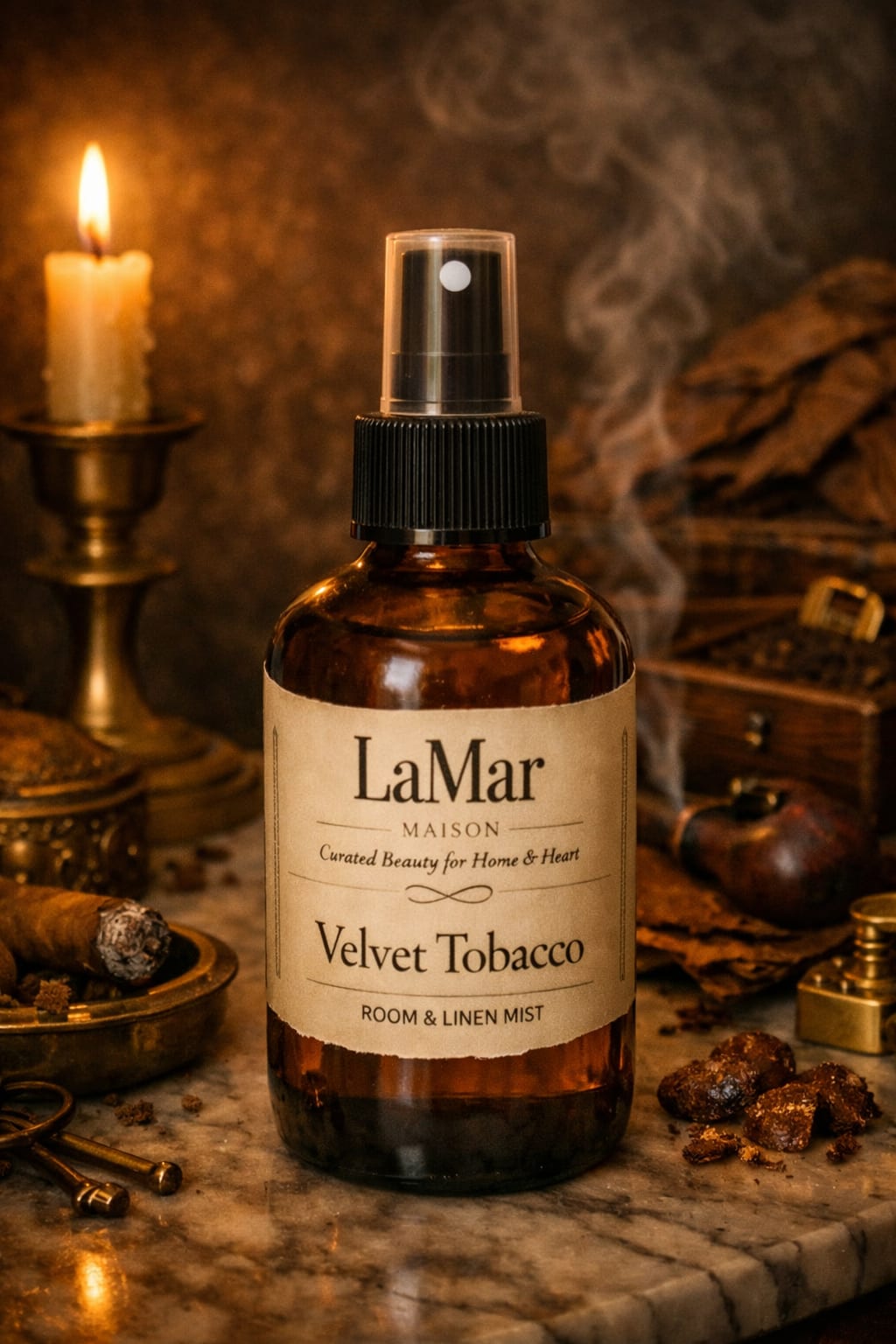 Velvet Tobacco Room Fragrance Mist - Sweet Tobacco fills the room with a comforting, amber‑lit warmth — the soft curl of tobacco leaf wrapped in honeyed woods, golden resin, and a whisper of vanilla. The opening is smooth and inviting, touched with a gentle sweetness that never overwhelms. As it settles, deeper notes of cedar, tonka, and dried spice emerge, creating a cozy, lived‑in elegance.  It’s the scent of slow evenings, worn leather chairs, and quiet moments of ease. Warm, nostalgic, and effortlessly refined, Sweet Tobacco brings a mellow glow to any space.