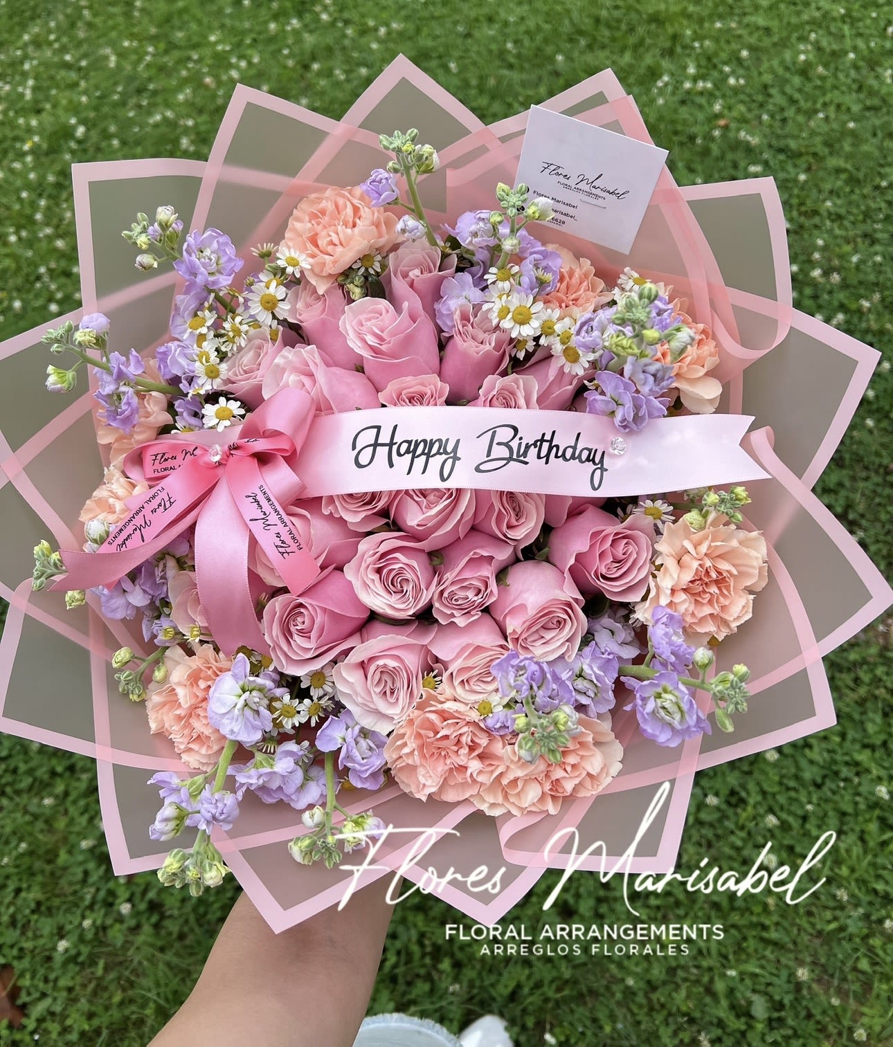 24 rose with flower rim  - 24 pink roses with flower rim (flowers will vary)  Pink paper  (Ribbon not included) 