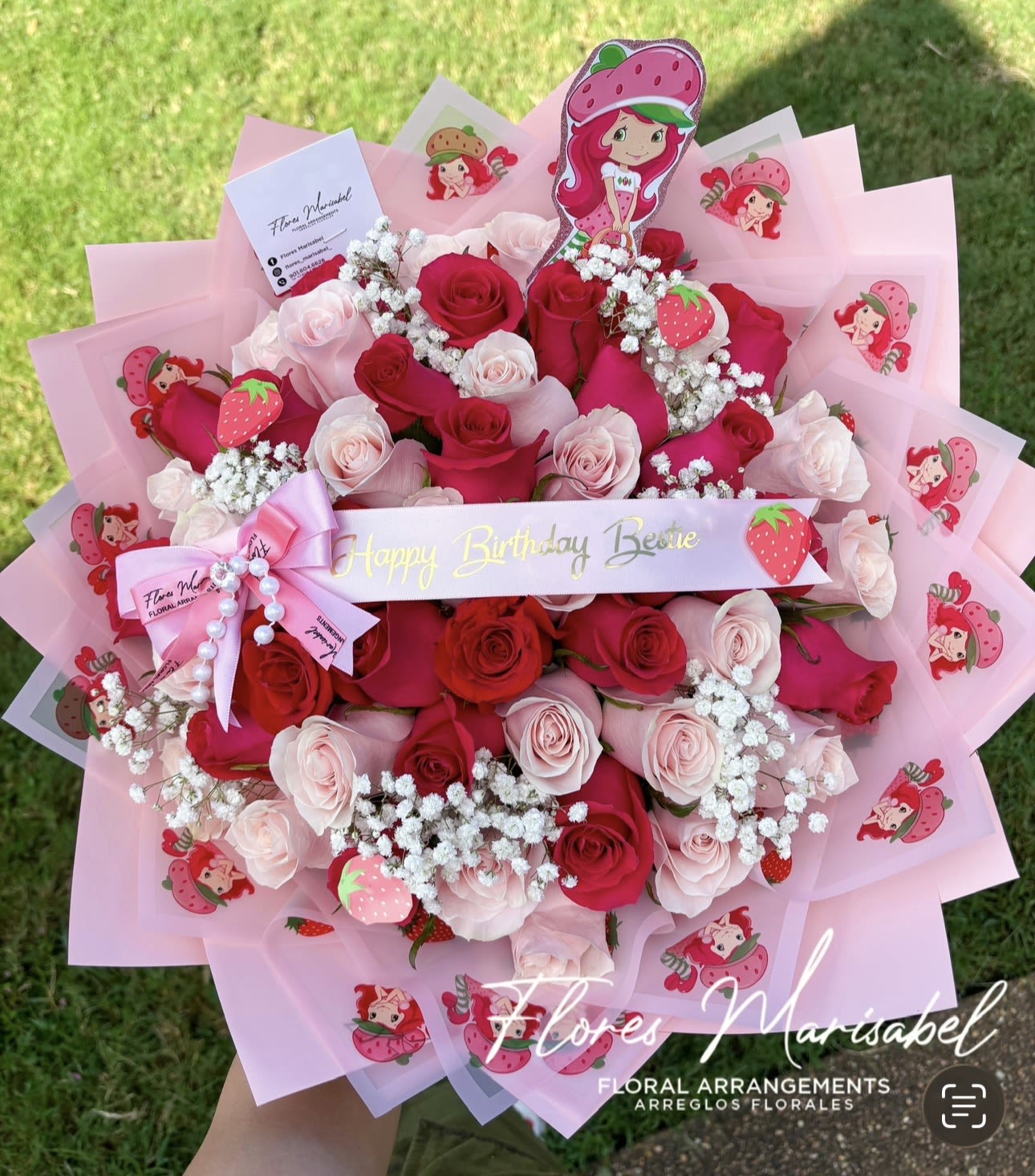 Strawberry shortcake  - 50 pink roses with babies breath  Strawberry shortcake theme  (Ribbon not included)