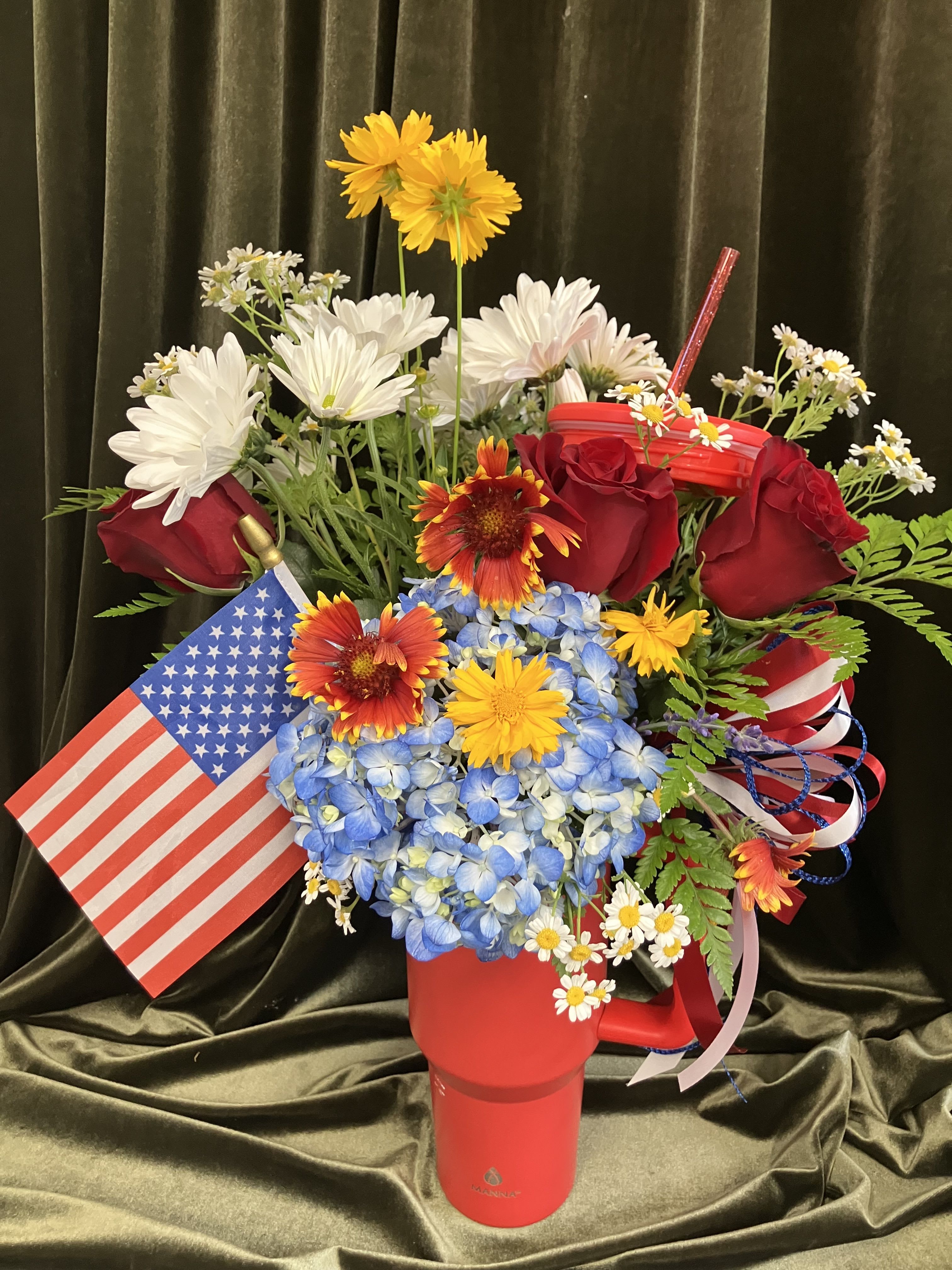 Red Tumbler with Flowers  - Bright red tumbler with glitter straw filled with red white and blue flowers! Perfect for the fourth or summer days! 