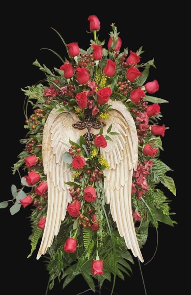 Guardian of the Heart - Angel wings with red imperial roses.