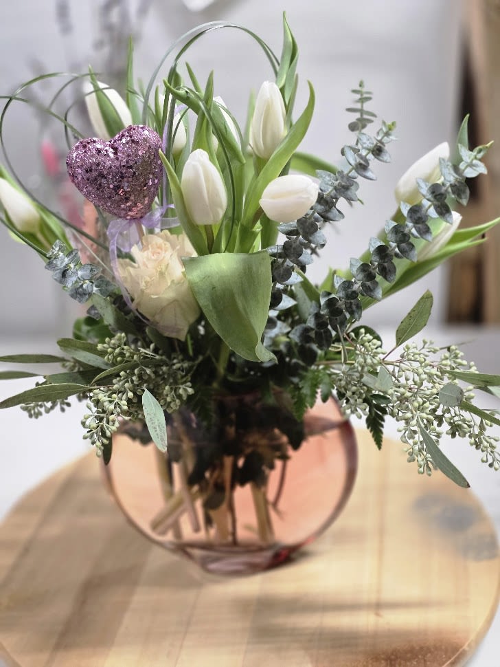 Love in Bloom - White tulips, eucalyptus, and a single white rose.