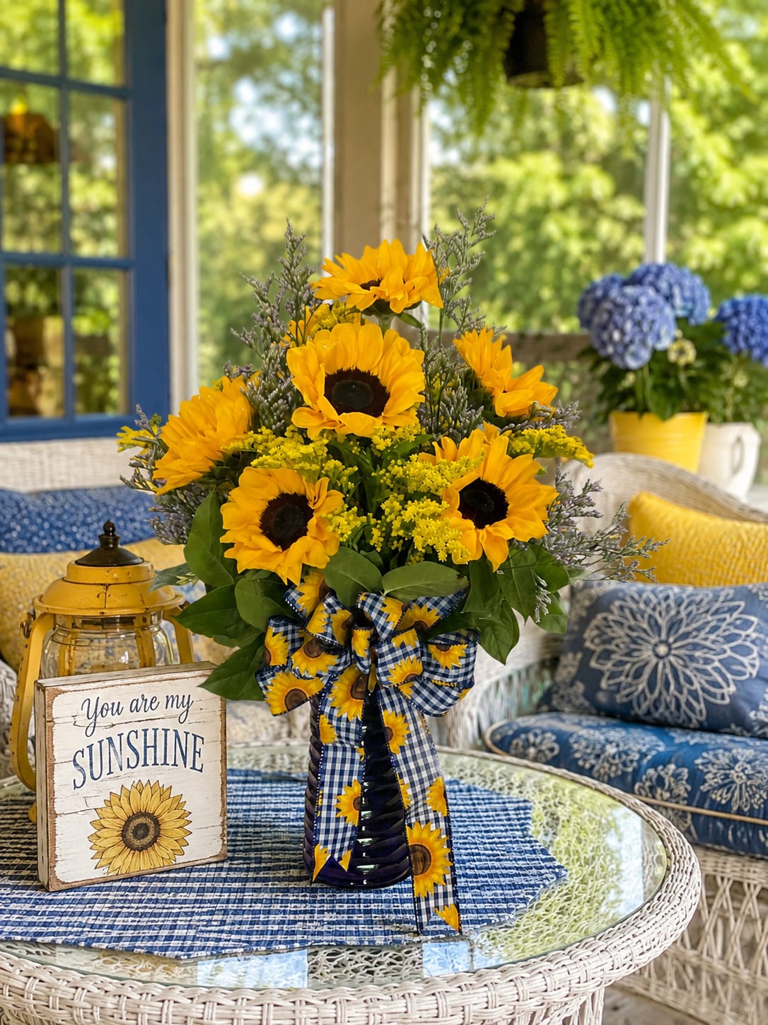 Blue Skies &amp; Sunshine - Golden sunshine, clear blue skies, and the simple joys of summer inspired this cheerful arrangement. Featuring radiant sunflowers accented with fresh seasonal textures and presented in a rich blue vase with coordinating ribbon, Blue Skies &amp; Sunshine is designed to bring warmth, happiness, and a little extra brightness to any day.  Whether you’re celebrating a birthday, sending encouragement, welcoming someone to a new home, expressing thanks, or simply reminding someone they’re loved, this uplifting design delivers a heartfelt message of joy and positivity. Its vibrant colors and sunny personality make it a beautiful addition to homes, offices, reception areas, and gathering spaces throughout the season.  Created to capture the feeling of carefree summer days, blooming gardens, and sunshine-filled afternoons, this handcrafted arrangement is both cheerful and inviting. The combination of golden sunflowers and bold blue accents creates a striking presentation that feels fresh, welcoming, and full of life.  Aspen Tower Florist proudly handcrafts and delivers fresh flower arrangements throughout Greensburg, Batesville, Rushville, Shelbyville, Westport, Hope, North Vernon, Columbus, and surrounding communities. Perfect for birthdays, thank you gifts, get well wishes, thinking of you occasions, housewarmings, and everyday celebrations, Blue Skies &amp; Sunshine is a bright reminder that even the simplest moments can bring the greatest happiness.
