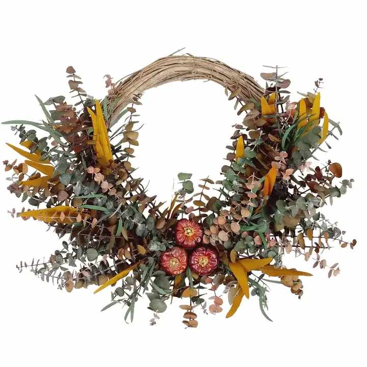 Eucalyptus Harvest Wreath - Handcrafted using delicate dried florals for the fall using multi-color baby eucalyptus, willow, and mini pumpkins.  Inspired by traditional harvest materials and scents, this wreath is sure to bring compliments to any home this fall season.  - 18" diameter - Each wreath comes in a wooden crate for storage &amp; display