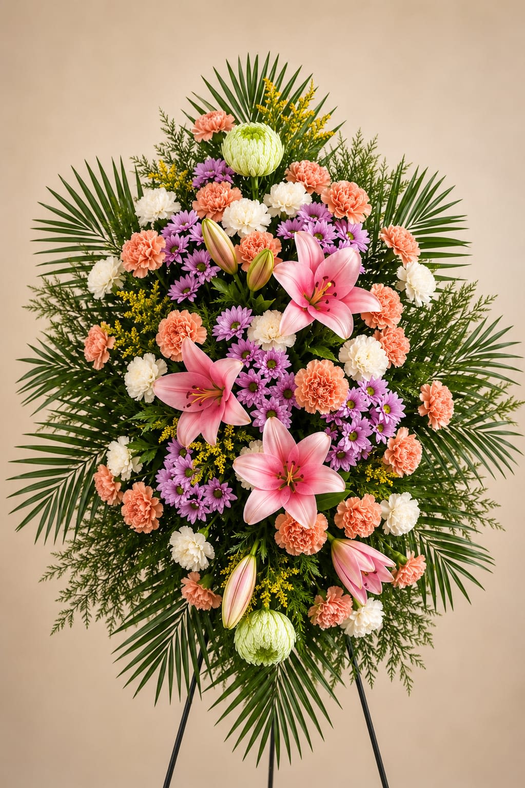 Blush Elegance sympathy - Pink lilies form the graceful focal point of this sympathy standing spray, offering a tender, uplifting presence for a funeral or memorial service. Designed as a layered oval on a floral easel stand, this arrangement reads as both composed and comforting-perfect for expressing condolence and honoring a life with quiet elegance.  Clusters of purple daisy-like blooms, peach and white carnations, and subtle yellow filler nestle around the lilies to create a dense, symmetrical presentation. Palm fronds and fine greenery add vertical texture and a soft tropical touch, while the palette of pink, purple, white, and green keeps the mood respectful and hopeful. The piece is substantial in size and intended for display on a hard easel stand so it can be positioned at a service or graveside with dignity.  Made to convey sympathy to the person you're thinking of, this spray sends a clear message of care and remembrance without words. Order with delivery timed for the service; the flowers arrive arranged and ready to display, and simple water tubes and conditioning keep the blooms fresh through the ceremony.