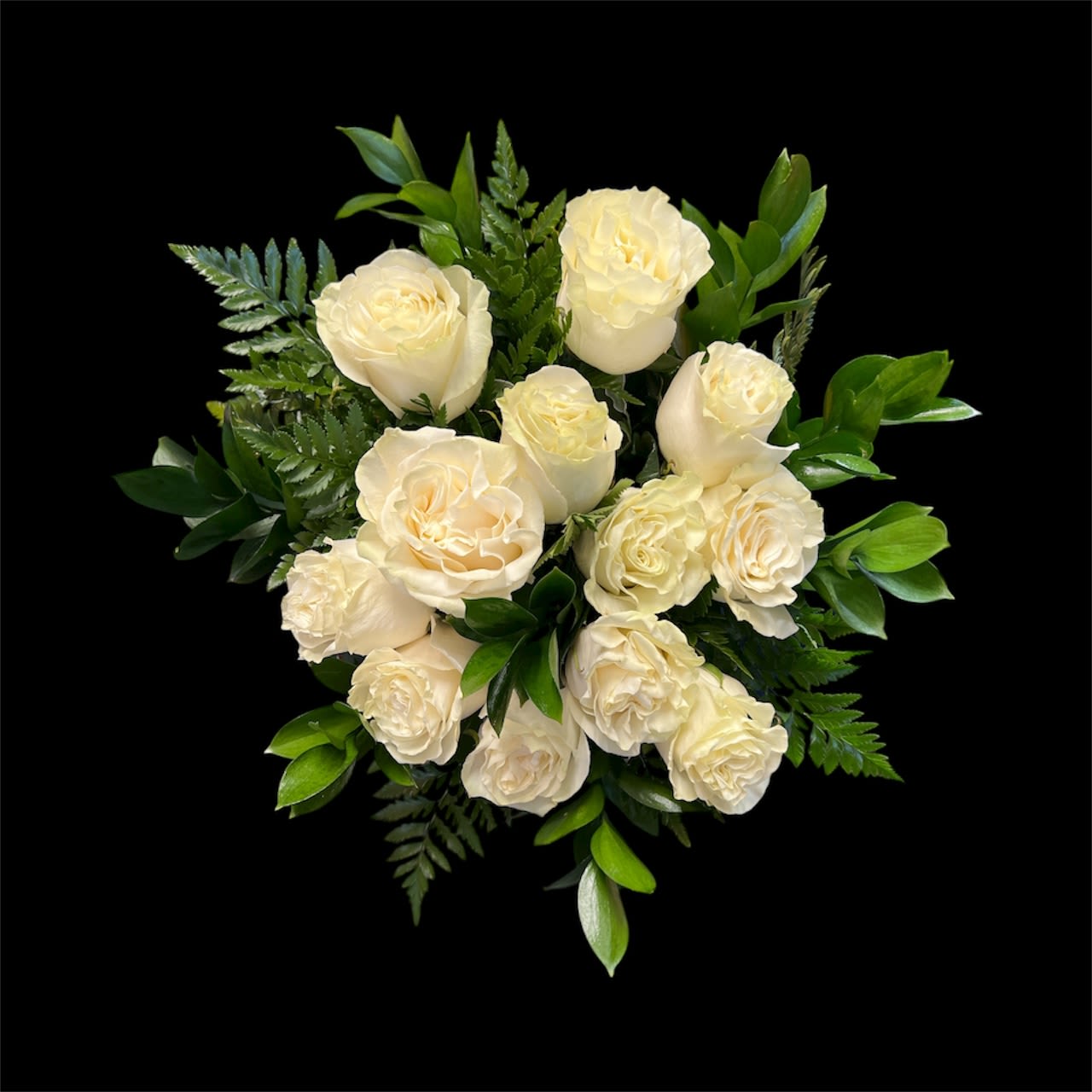 1 Dozen White Roses  - Cream-white roses gathered into a perfectly rounded bouquet create an elegant, romantic statement - ideal as a wedding bouquet, anniversary gift, sympathy arrangement, or refined everyday surprise. The soft, creamy petals read bright against the glossy dark green foliage, so the person you're sending it to will feel comforted and truly seen by the classic simplicity of the design.  A dense cluster of twelve white roses is tightly layered and evenly distributed for a full, polished look; fern-like accents and deep green leaves add texture and a fresh contrast to the pale blooms. The compact, formal shape makes this arrangement easy to display on a reception table, beside a bedside, or as a centerpiece. For best longevity, keep stems in fresh water, recut stems before arranging, and change the water every two days to help the recipient enjoy the roses longer.