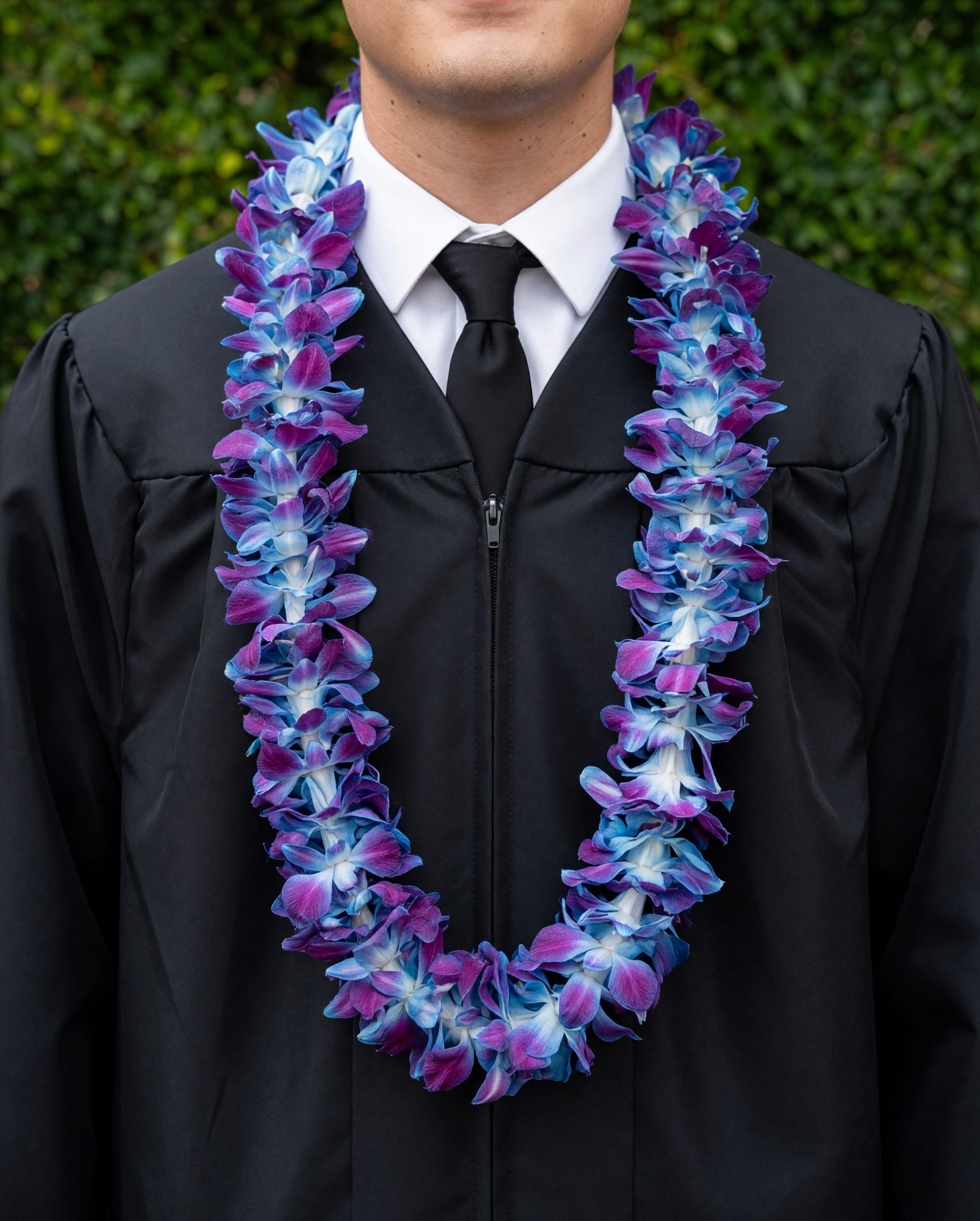 Blue Double Lei - A lush purple, blue, and white, double orchid lei