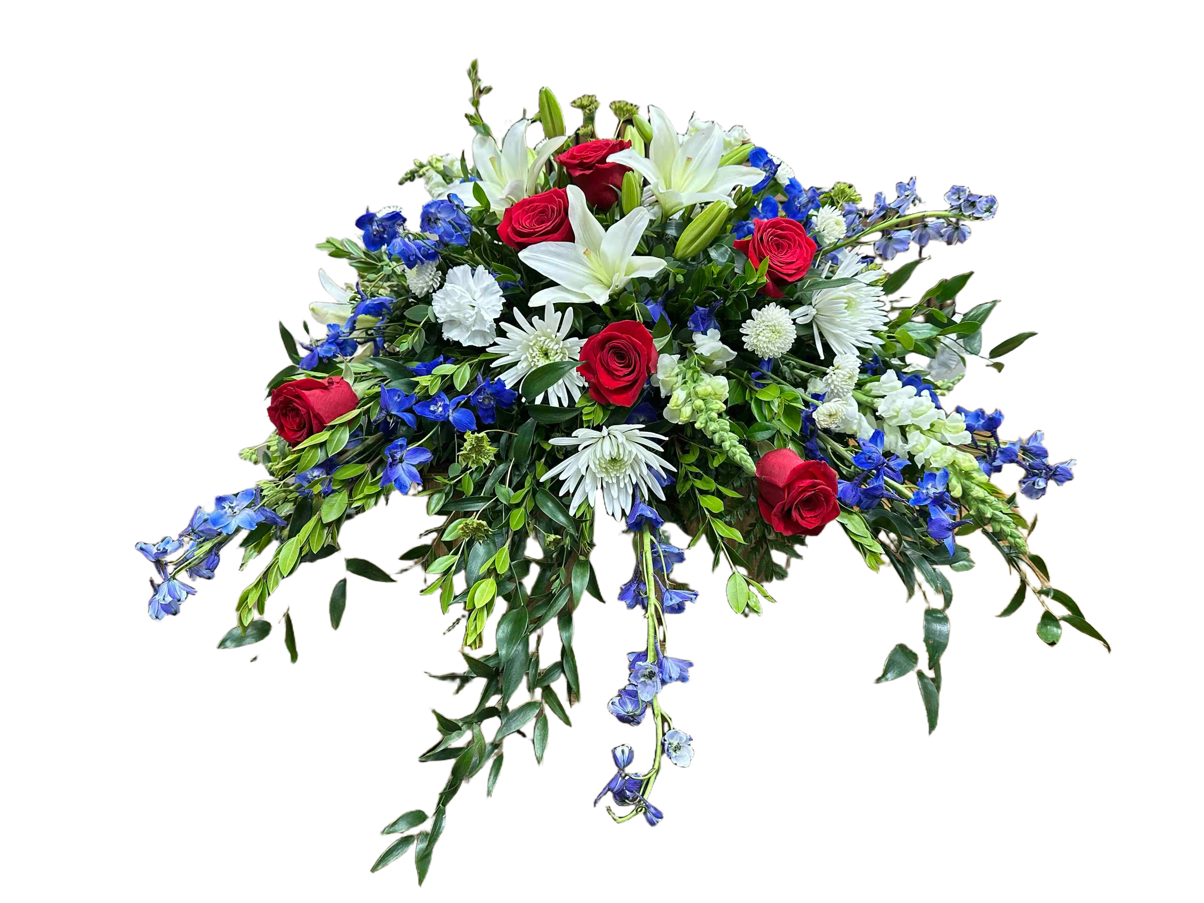Etrenal Admiration Casket Spray - Classy arrangement of white lilies, red roses, and blue delphinium 