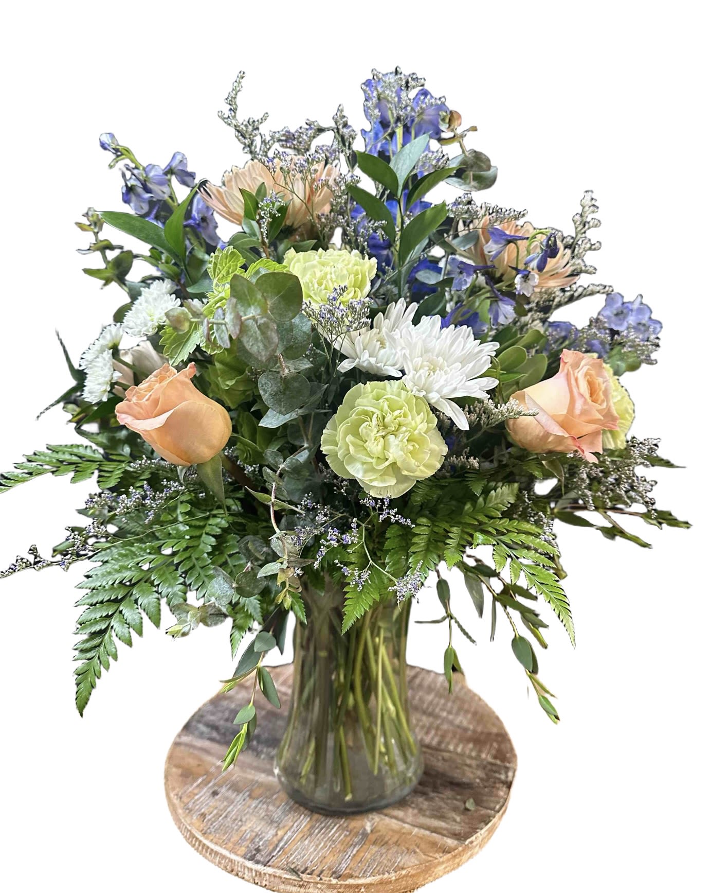 Simple Elegance Bouquet - Garden-style bouquet: peach roses, white daisies, pale green carnations with airy foliage in a glass vase.
