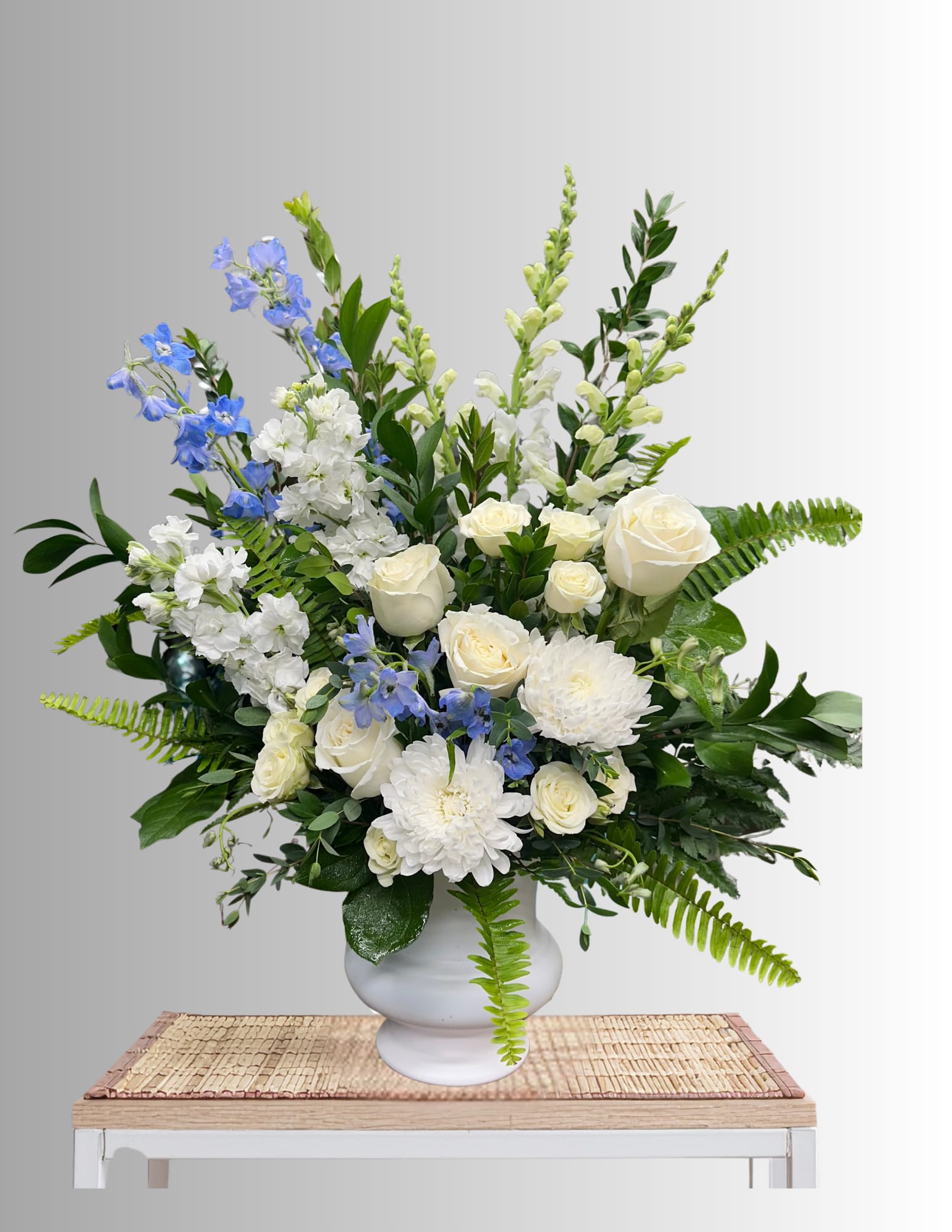 Sweet Serenity Bouquet - Simple and serene blue and white sympathy arrangement