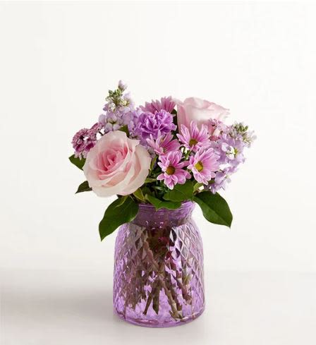Daydream Flower  -  Pet Friendly? No This arrangement contains daisy chrysanthemums, which are toxic to both dogs and cats if ingested. We recommend keeping this bouquet on a high shelf or in a room inaccessible to curious household pets.    Human Allergy Note : This bouquet contains daisies and asters, which are known to be high-pollen flowers that may trigger sensitivities in some individuals. We suggest keeping the arrangement in a well-ventilated area rather than on a bedside table.   Care &amp; Longevity : To keep your blooms vibrant, check the water level daily and top off with fresh, cool water. Every few days, carefully remove the stems to trim an inch off the bottom and clean the purple vase to prevent bacteria growth. Keep the flowers Nashville residents love fresh by placing them away from direct sunlight, heating vents, or drafty windows.   Best Occasions &amp; Situations : - Brighten a birthday celebration - Send “get well” wishes to a friend - Express a “thinking of you” sentiment - Celebrate a graduation or milestone - Add a pop of color to a new home   Why Customers Love It : - Stunning Color Palette: The blend of lavender and pink creates a sophisticated, calming aesthetic. - Textured Glass Vase: The purple diamond-patterned container is a high-quality keepsake that can be reused. - Fragrant Appeal: The inclusion of Stock provides a natural, fresh scent that fills the home. - Full and Lush: This design is packed with blooms, offering great visual value for the size.