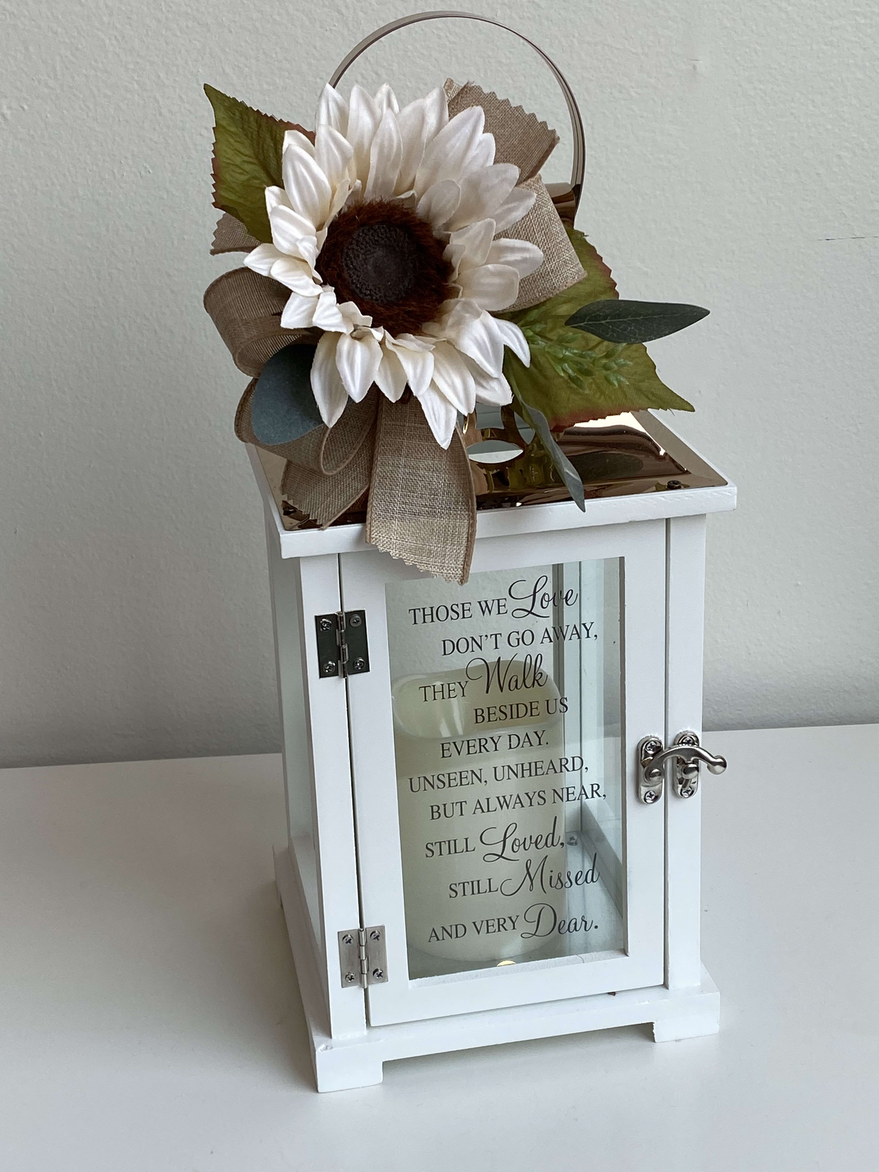 SYM-09 - White Memorial Lantern with Copper Top Accented With Silk Sunflower and Assorted Foliage &amp; Ribbon.  Lantern Says "Those We Love Don't Go Away, They Walk Beside Us Everyday.  Unseen, Unheard But Always Near, Still Loved, Still Missed And Very Dear.  