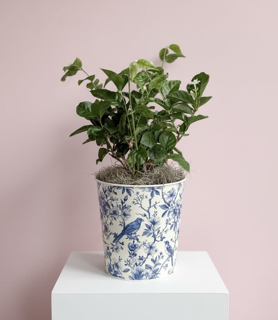 Jasmine Maid of Orleans Plant  - A pretty blooming plant that gets small little white jasmine blooms on it. Pot size is 6” in diameter and can be moved from the decorative container is comes in. 