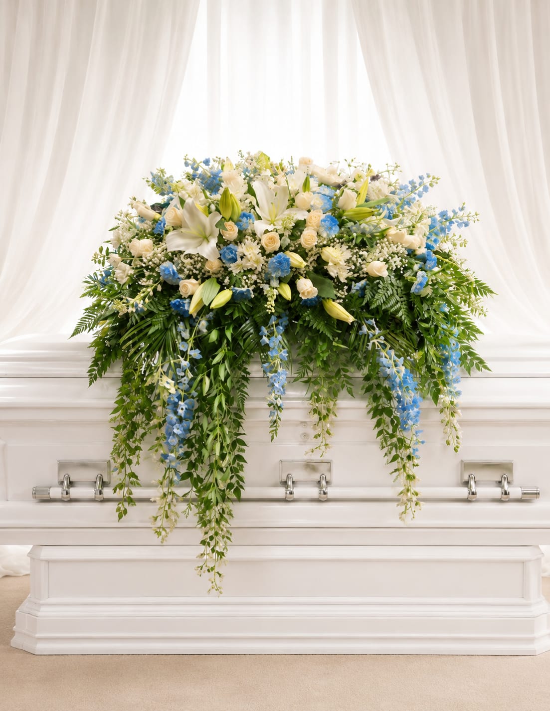 Heaven’s  embrace - Heaven’s Gentle Embrace  A graceful and elegant sympathy arrangement designed to bring comfort and peace during a difficult time. This beautiful piece features soft white lilies, delicate roses, touches of baby’s breath, and calming blue accents surrounded by lush cascading greenery. The flowing design symbolizes love, remembrance, and the everlasting bond shared with those we hold close in our hearts. Created with care to honor a cherished life and offer a heartfelt expression of sympathy and support.   If any design elements are of major importance to your order, please include them in the florist instructions at checkout or contact us to ensure availability.