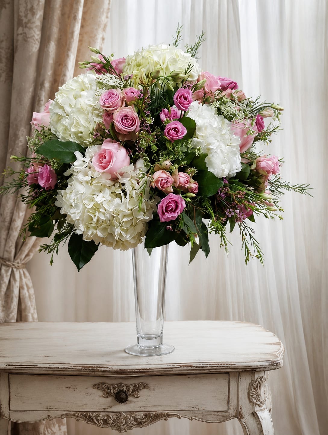Wedding day - A full, rounded spray of soft pastels-the Wedding day arrangement brings white hydrangeas and blush pink roses together with delicate pink lisianthus for a romantic centerpiece perfect for a wedding bouquet substitute or an anniversary floral gift. The composition reads as both refined and joyful, the kind of arrangement that makes the person you're celebrating feel cherished and seen on their special day.  This arrangement is lush and layered: voluminous white hydrangeas form the base, with clusters of pink roses and small pink lisianthus threaded through airy filler and deeper green foliage for contrast and texture. Housed in a clear glass vase, the design keeps an elegant, formal silhouette while the pastel palette keeps the mood tender and fresh. Sized to work as a table centerpiece or a graceful everyday display, it's ready to place on a reception table, mantel, or dining surface.  Ideal for wedding tables, anniversaries, or as a thoughtful "thinking of you" gift, Wedding day sends a quietly sophisticated message of love and celebration. Arrange on a table for immediate impact; to keep blooms looking their best, refresh water every couple of days and trim stems slightly when you change the water.   If any design elements are of major importance to your order, please include them in the florist instructions at checkout or contact us to ensure availability.