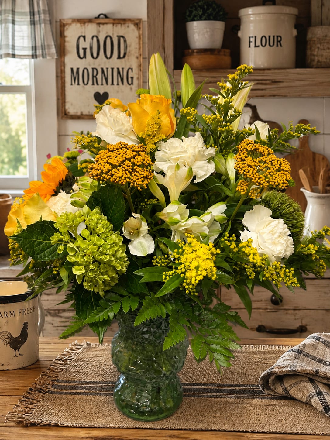 Yellow delight - Sunny yellow focal flowers and creamy white lilies and carnations come together in this cheerful flower arrangement for everyday gifting or a bright birthday bouquet. The mix of yellow and white blooms gives a fresh, uplifting look that makes the person you're thinking of feel noticed and celebrated-perfect for birthdays, get-well wishes, or just because.  This full, rounded design is arranged in a green glass vase and layered with broad green foliage for a farmhouse-style, densely packed silhouette. Expect alstroemeria, carnations, chrysanthemums, lilies and smaller yellow filler clusters that add texture and movement; the combination creates both bold focal blooms and delicate accents. The vase ties the palette together for an easy seasonal display that looks great on a kitchen table or office desk.  With a compact, durable glass vase, this arrangement is ready to set out right away-no extra containers needed. Light daily water refreshes will keep stems perky; it's the kind of bouquet that makes someone feel genuinely brightened by your thoughtfulness.   If any design elements are of major importance to your order, please include them in the florist instructions at checkout or contact us to ensure availability.