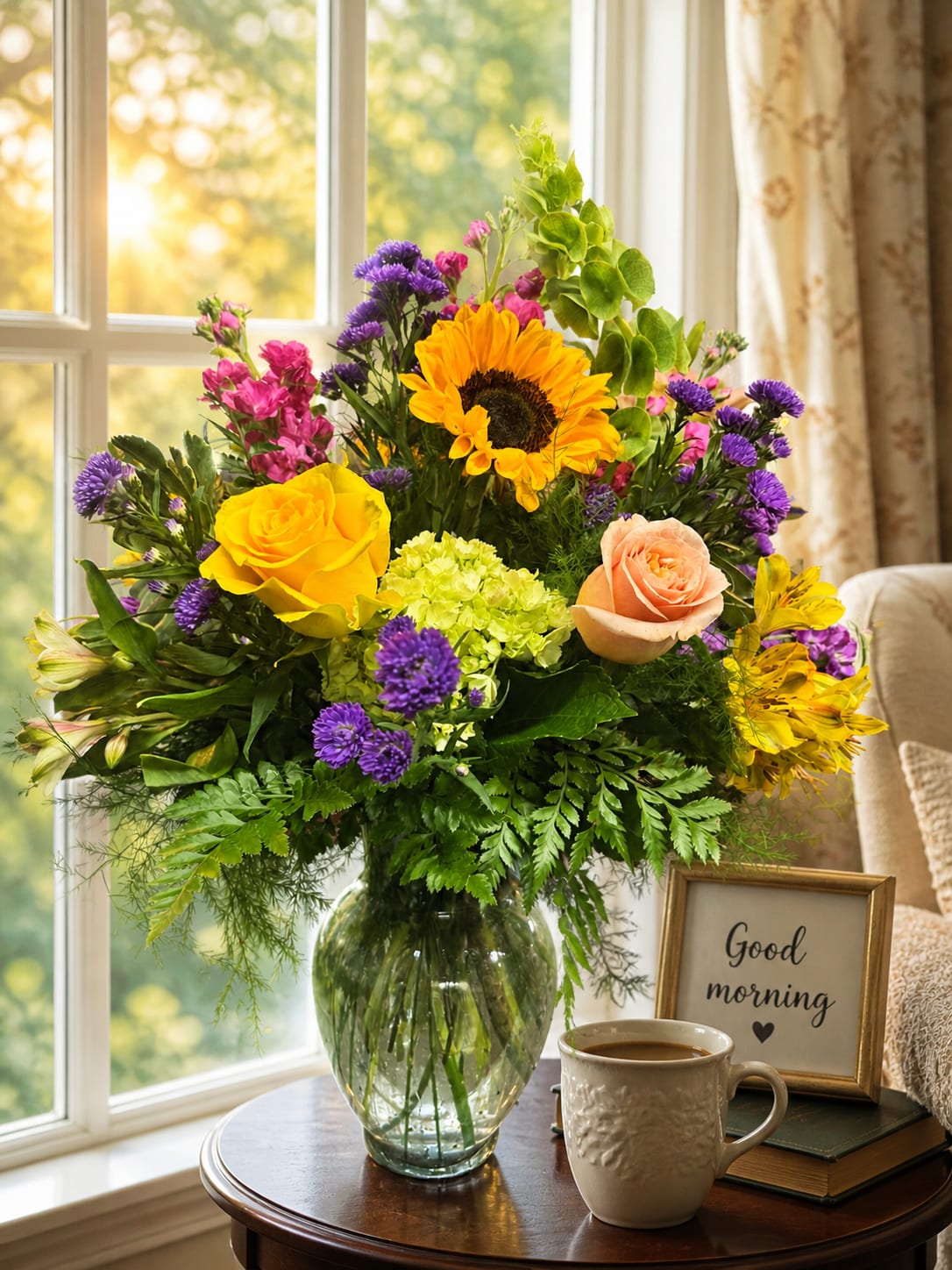 Full of sunshine - A bold sunflower takes center stage in this Full of sunshine flower arrangement, the perfect birthday bouquet or cheerful everyday gift to brighten someone's room. The mix of sunflowers, yellow and peach roses, pale green hydrangea, purple filler blooms, alstroemeria, and asters creates a lively, layered silhouette that reads as joyful and abundant - ideal for saying "thank you," congratulations, or simply that you're thinking of them.  Arranged in a clear glass vase, the composition balances large, velvety blooms with delicate, colorful accents: the sunflower's golden face draws the eye while pink and purple touches add playful contrast against soft green hydrangea clusters. The arrangement's rounded, full shape and varied textures make it a warm centerpiece for a kitchen table or bright addition to a bedside table.  Give this to a friend, parent, teacher, or coworker who could use a sunny lift; it's the kind of bouquet that makes the recipient feel genuinely seen and celebrated. The clear vase is ready to display on arrival-place in fresh water, trim stems slightly if needed, and enjoy for days as the blooms open and freshen the room.   If any design elements are of major importance to your order, please include them in the florist instructions at checkout or contact us to ensure availability.
