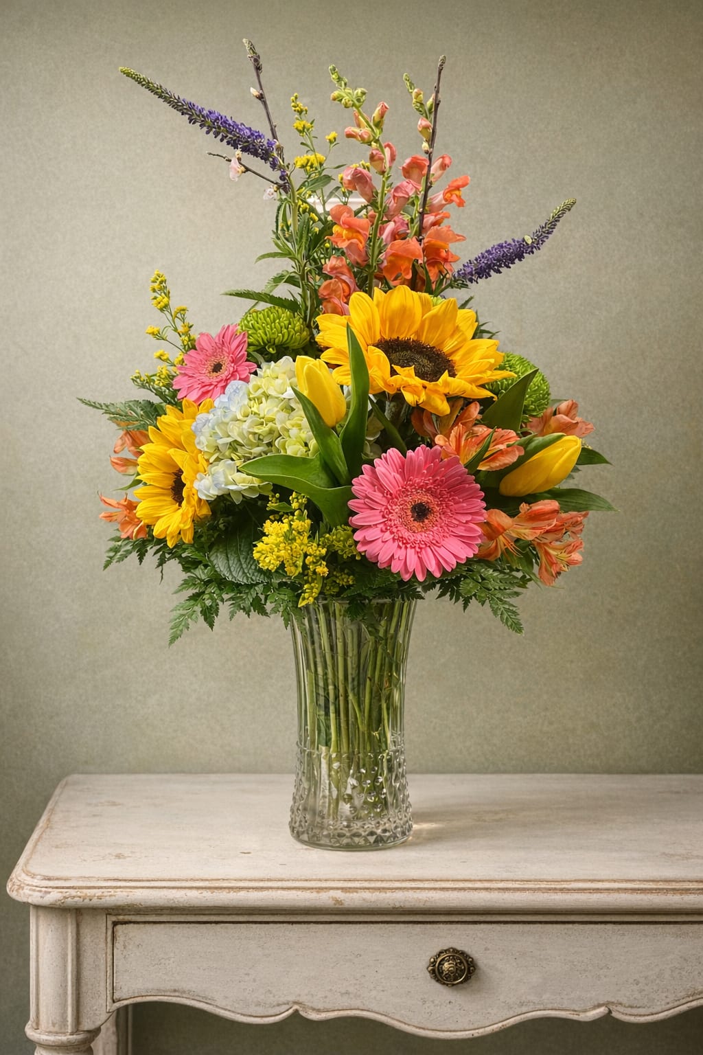 Pure delight - Bright, sunlit color bursts make this flower arrangement a joyful choice for a birthday bouquet, congratulations gift, or any celebration where you want the recipient to feel genuinely cheered. The mix of tall yellow sunflowers and pink gerbera daisies gives an immediate happy impact, while purple snapdragon spikes and orange alstroemeria add playful height and movement-perfect for someone who appreciates a lively, garden-style display.  This arrangement is densely layered with pale blue hydrangea, tulips, chrysanthemums, and alstroemeria woven among the standout sunflowers and gerbera daisies, all set in a clear glass vase. The stems are visible through the water for a fresh, natural look, and the design rises in a loose, airy shape that feels abundant without being formal. Colors include sunny yellow, warm orange, soft pink, pale blue, and purple to create a bright, energetic palette.  Made to make the person you're thinking of feel celebrated, it fits birthdays, congratulations, or a spontaneous "thinking of you" surprise. Delivered ready to display in its clear vase; to keep blooms fresh longer, change the water every couple of days and trim stems at an angle when you do-simple care that helps this cheerful arrangement stay radiant.   If any design elements are of major importance to your order, please include them in the florist instructions at checkout or contact us to ensure availability.