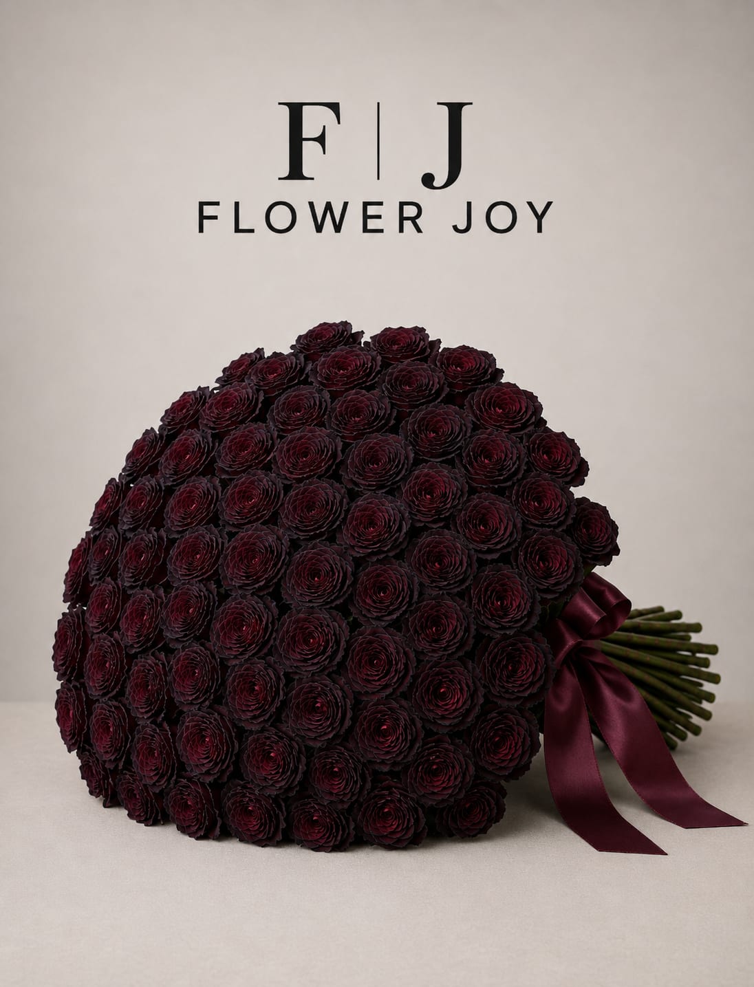 Midnight Romance Bouquet (75 Roses) - A dramatic arrangement of 75 deep burgundy roses, hand-tied with an elegant satin ribbon. Rich, luxurious, and unforgettable, perfect for romantic celebrations, anniversaries, or a truly meaningful surprise.