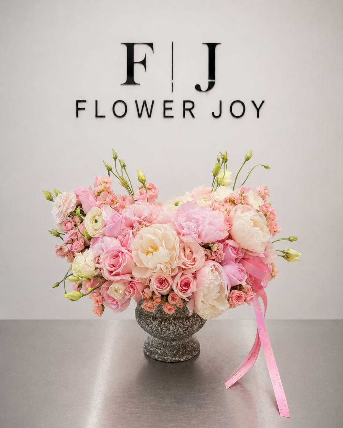 Blushing Garden Arrangement - A romantic blend of pink roses, lush peonies, ranunculus, and delicate seasonal blooms, beautifully arranged in an elegant textured vase. Soft, luxurious, and full of charm, perfect for birthdays, anniversaries, engagements, or heartfelt celebrations.