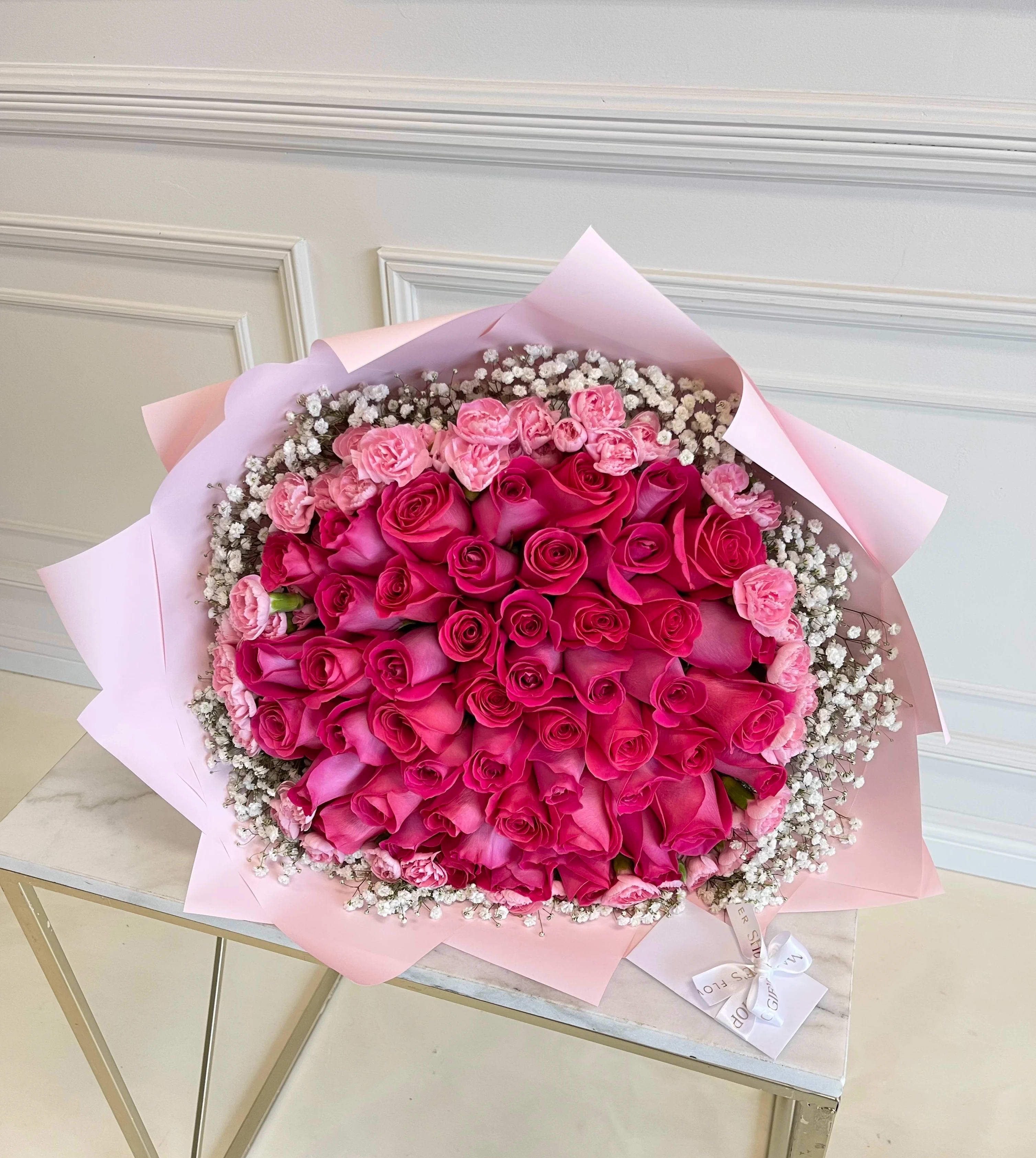 MFS Hot Pink Chic Bouquet  - Hot Pink Rose Bouquet  Mini carnations/ babies breath   *glass vase is not included 
