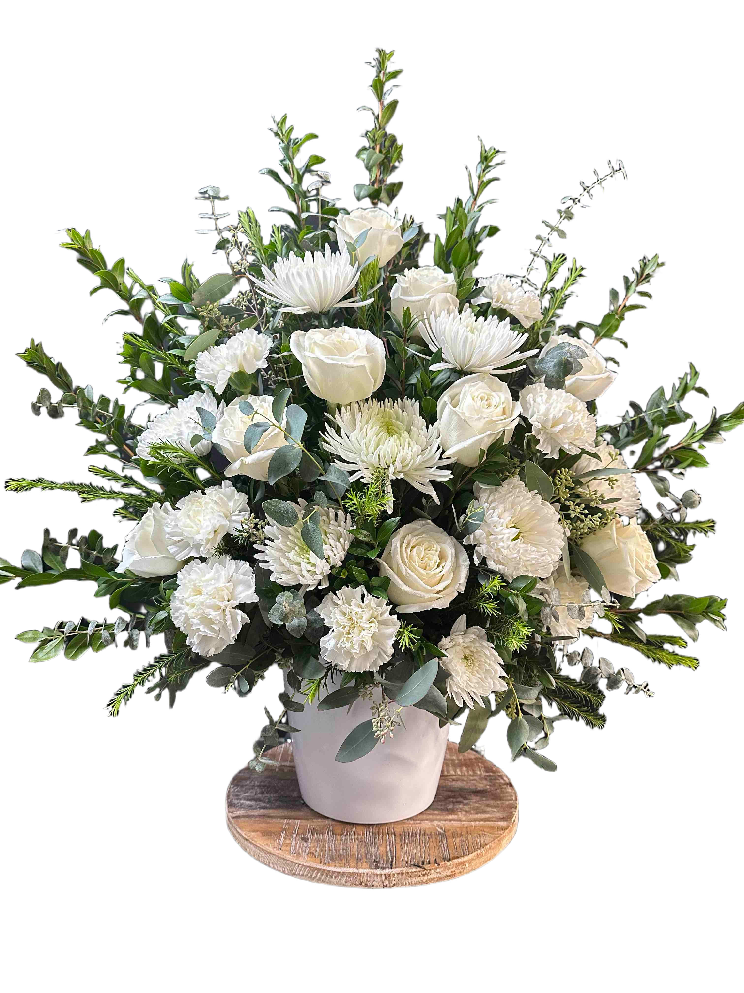 Reflections Bouquet - All white sympathy arrangement with roses, cremons, and carnations